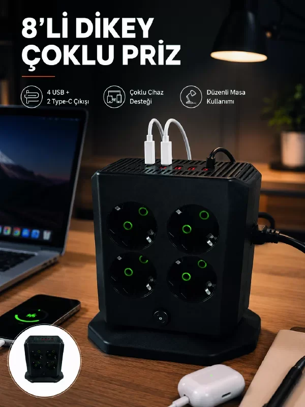 8'li Dikey Çoklu Priz ve USB Uzatma - Ofis ve Oyun Odaları İçin Güçlü Çözüm