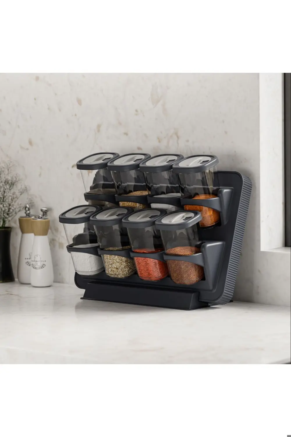 8'li Döner Kapak Baharatlık Seti Standlı Duvara Monte Duvara Mont