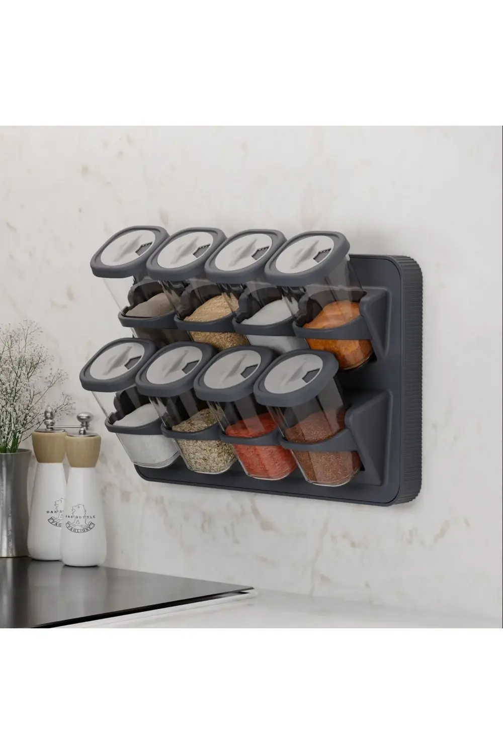 8'li Döner Kapak Baharatlık Seti Standlı Duvara Monte Duvara Mont