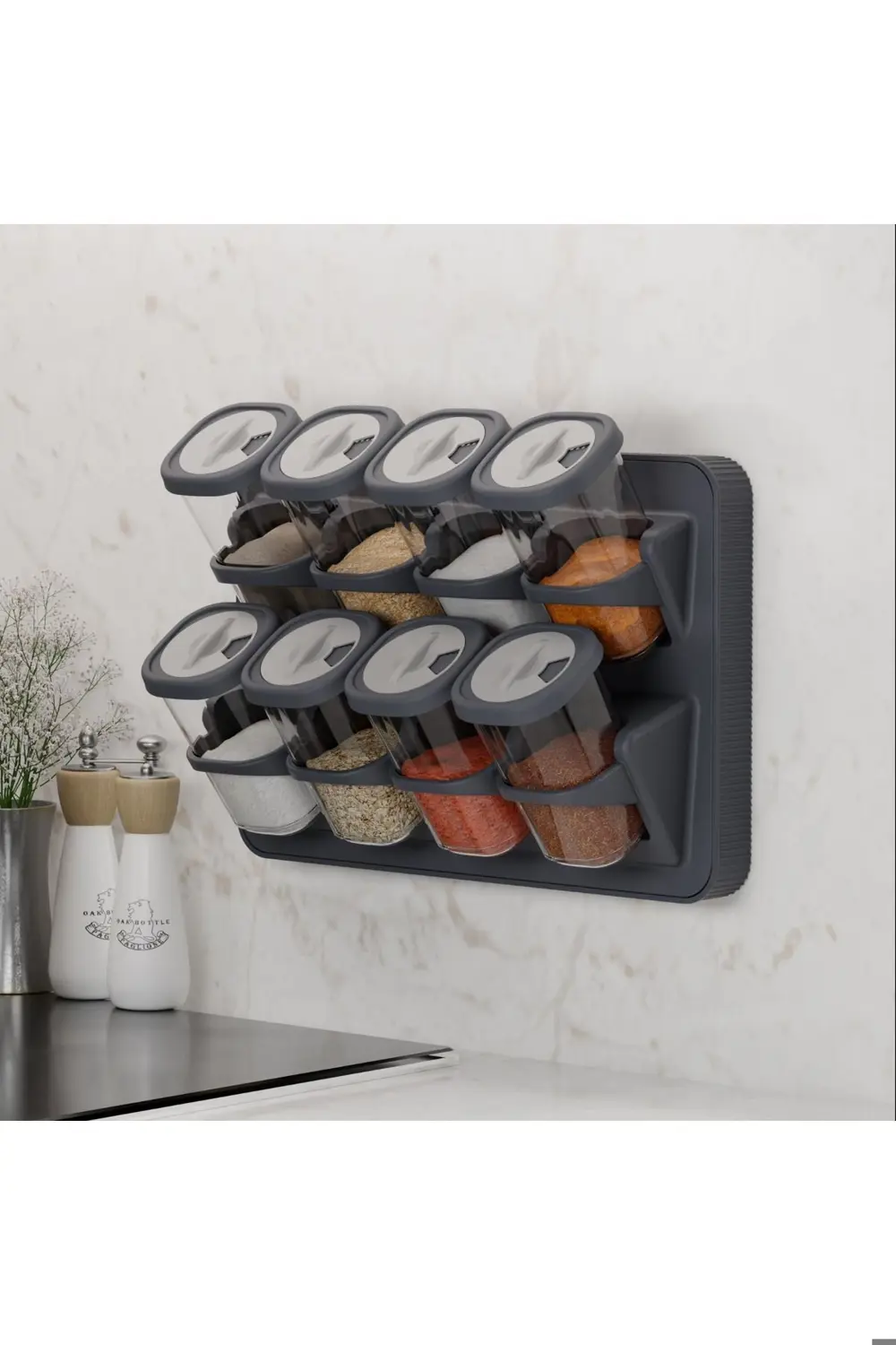 8'li Döner Kapak Baharatlık Seti Standlı Duvara Monte Duvara Mont