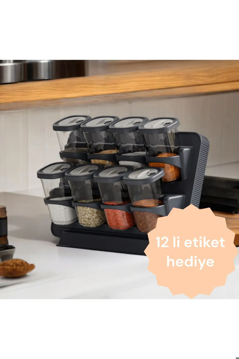 8'li Döner Kapak Baharatlık Seti Standlı Duvara Monte Duvara Mont