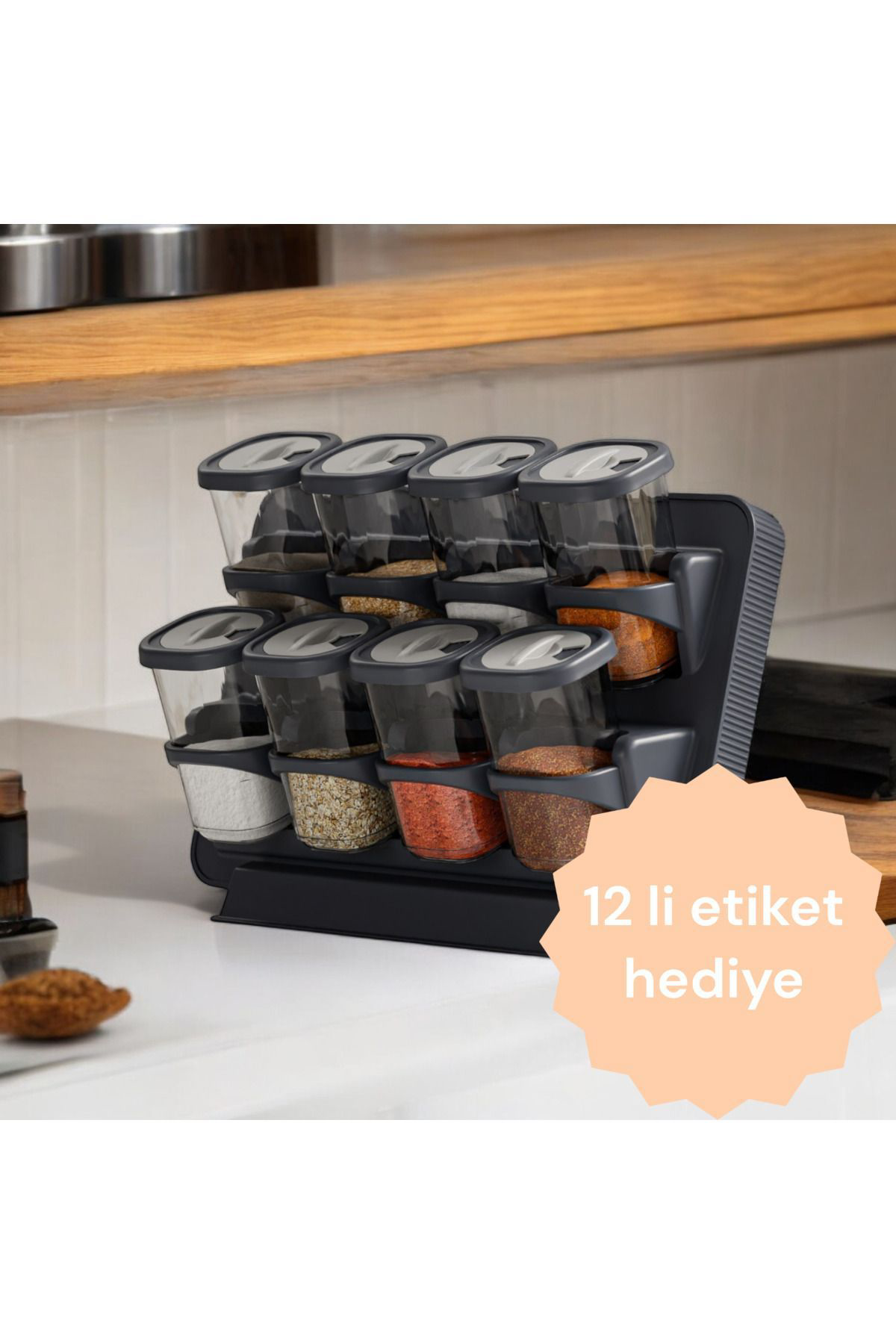 8'li Döner Kapak Baharatlık Seti Standlı Duvara Monte Duvara Mont