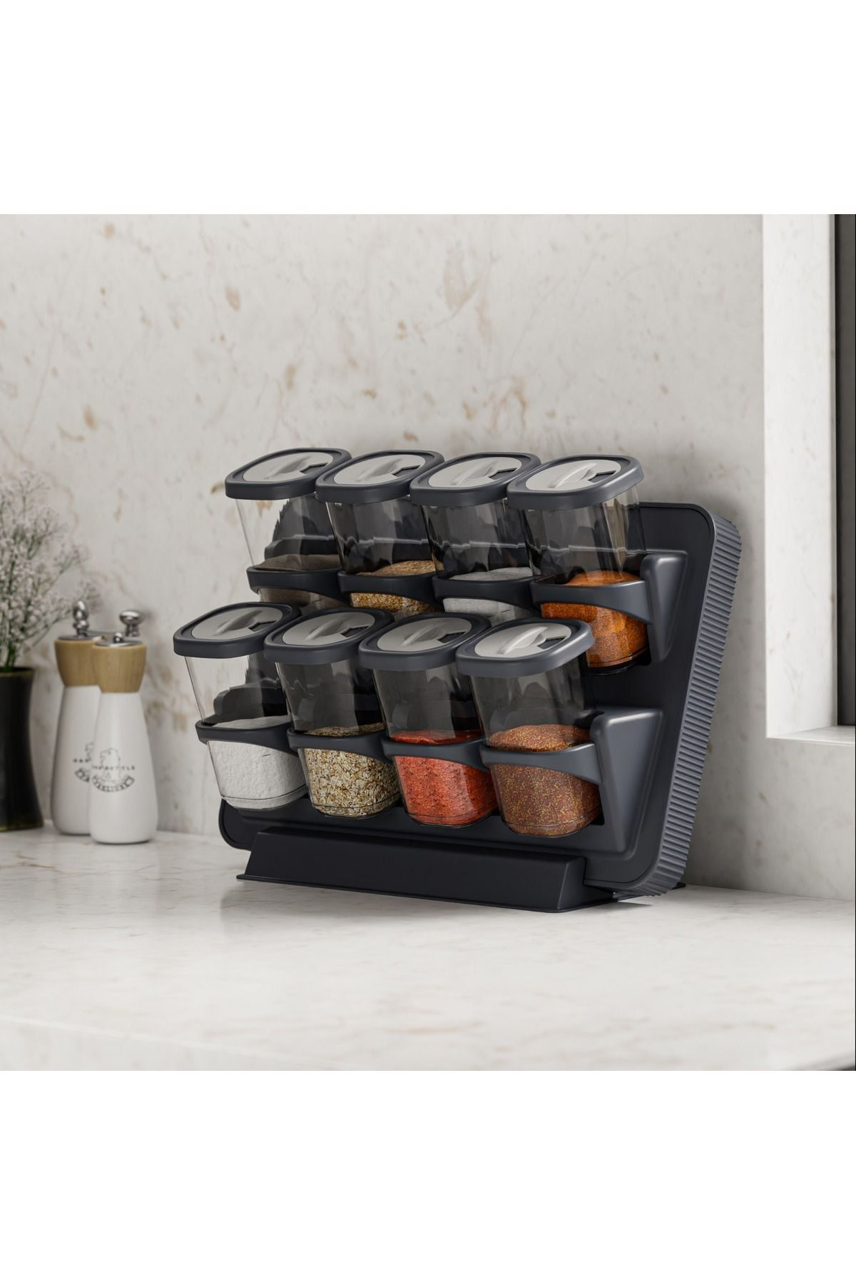 8'li Döner Kapak Baharatlık Seti Standlı Duvara Monte Duvara Mont