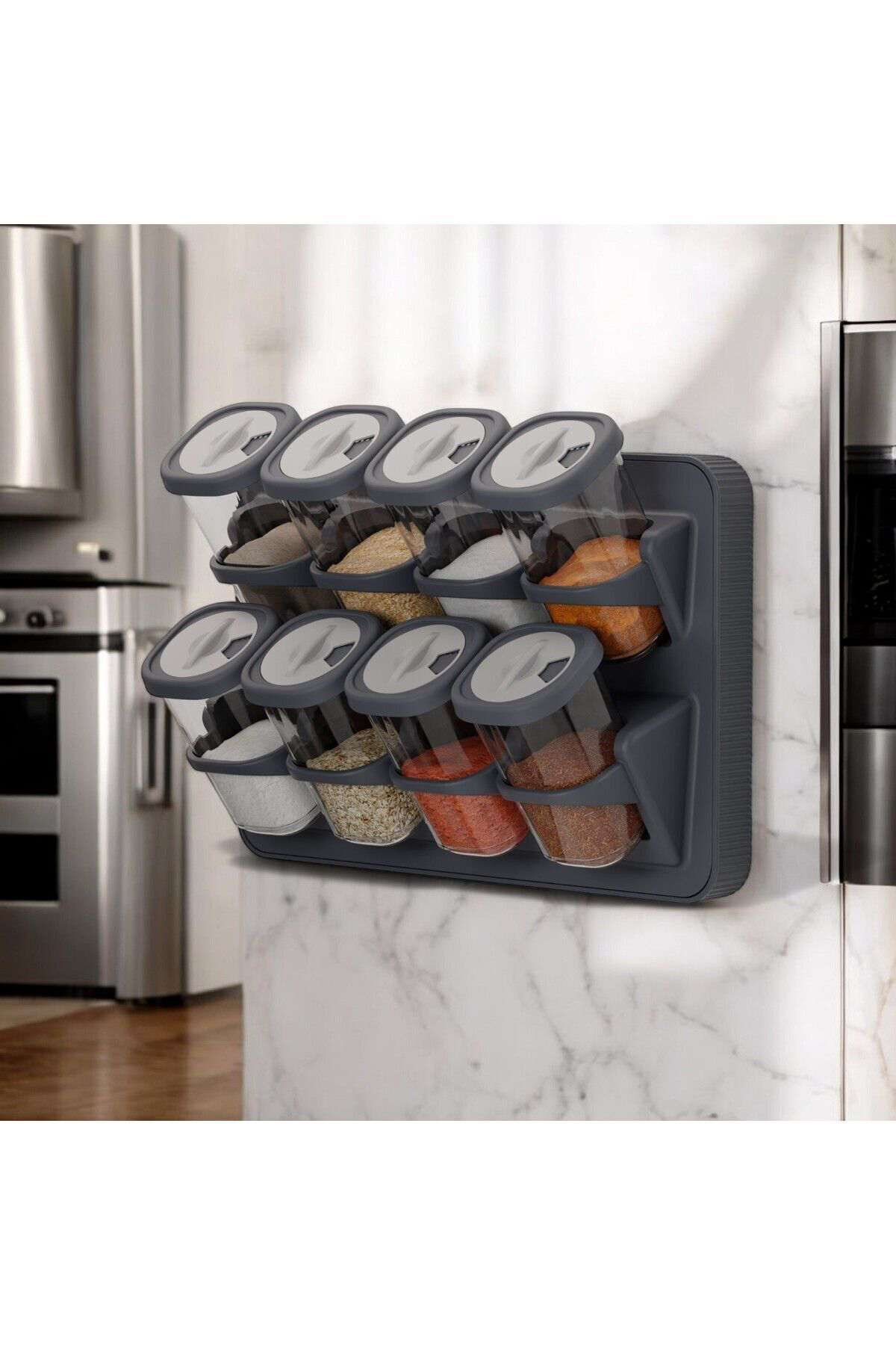 8'li Döner Kapak Baharatlık Seti Standlı Duvara Monte Duvara Mont