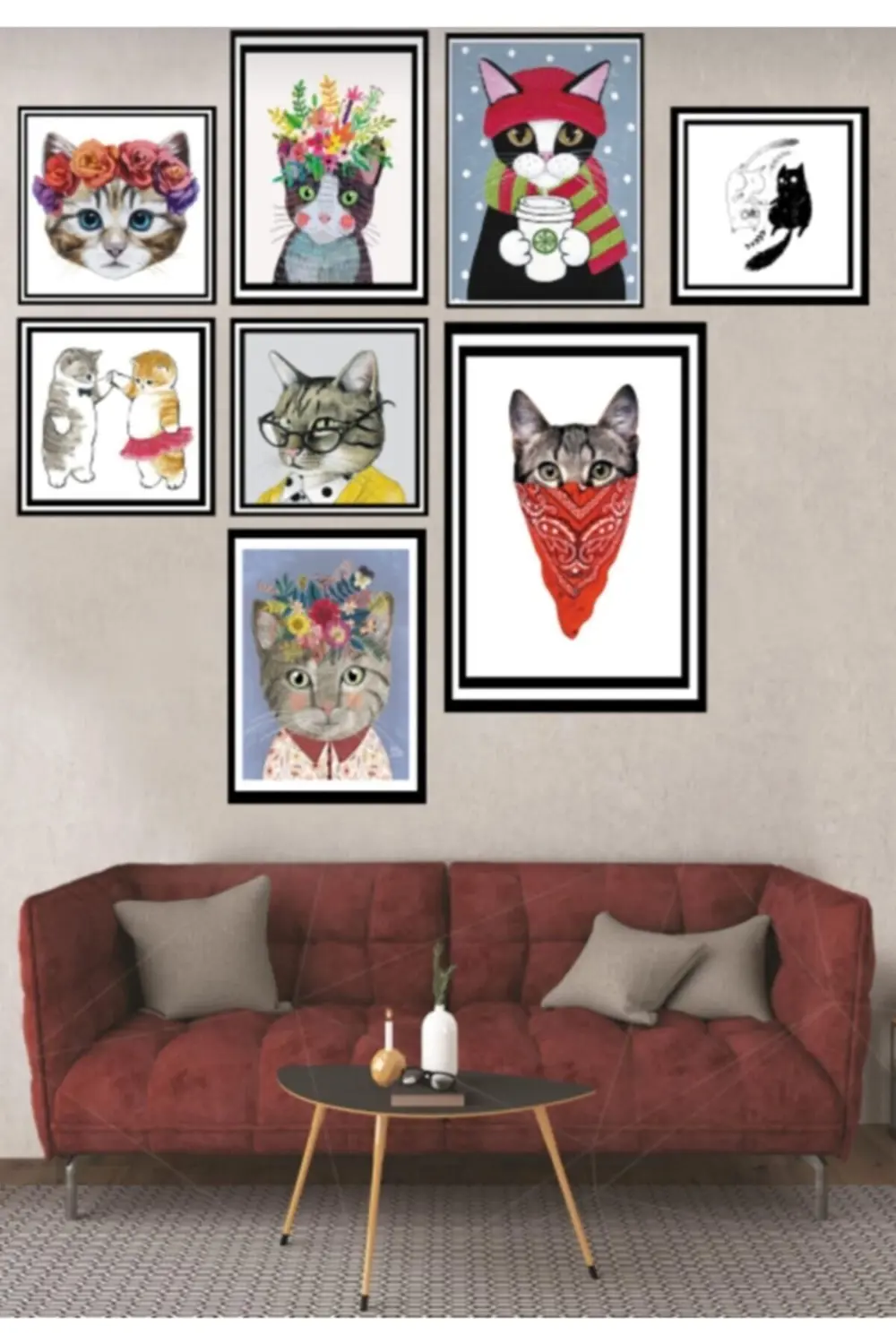 8'li Kedi Tasarım Ahşap Duvar Poster Seti Fiyatı, Yorumları ve Özellikleri