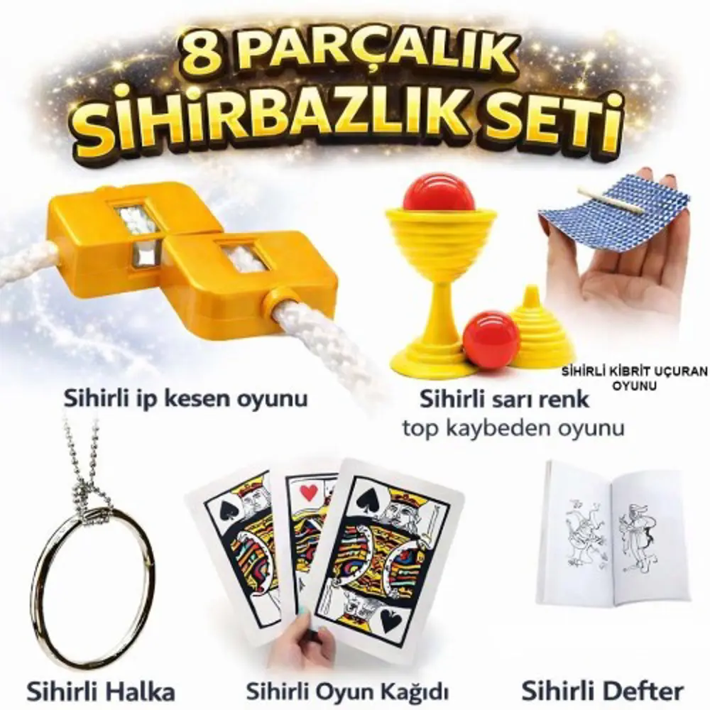 8’li Sihirbazlık Seti (Kibrit, Defter, Halka, Kupa, İp, 3’lü Kart