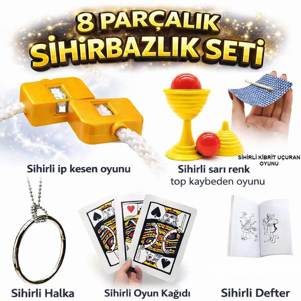 8'li Sihirbazlık Seti - Çocuklar İçin Sihir Oyunları, Kibrit Defter Halka Kupa İp Kart Seti