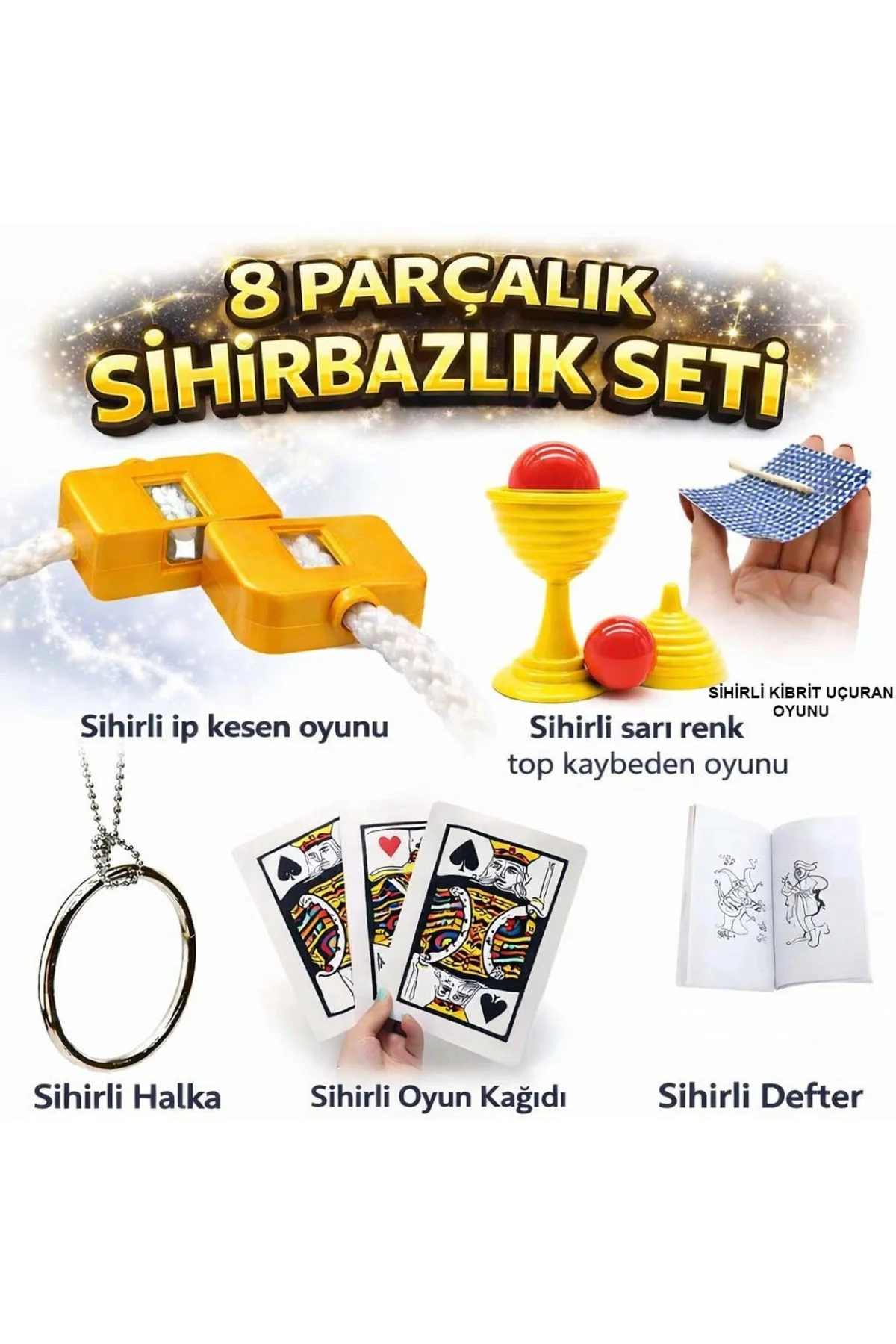 8’li Sihirbazlık Seti (Kibrit, Defter, Halka, Kupa, İp, 3’lü Kart 8’li Sihirbazlık Seti (Kibrit, Defter, Halka, Kupa, İp, 3’lü Kart