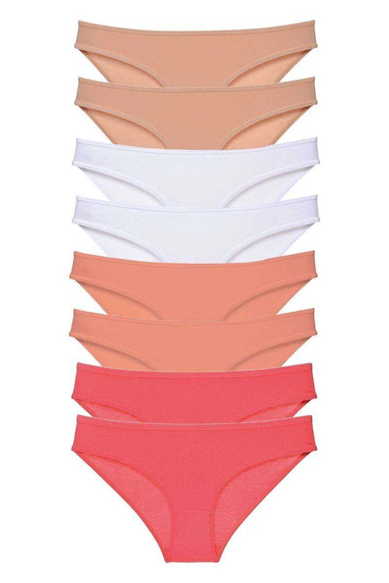 8'li Süper Eko Set Likralı Kadın Slip Külot - Pamuklu Ten Beyaz Pudra Fuşya
