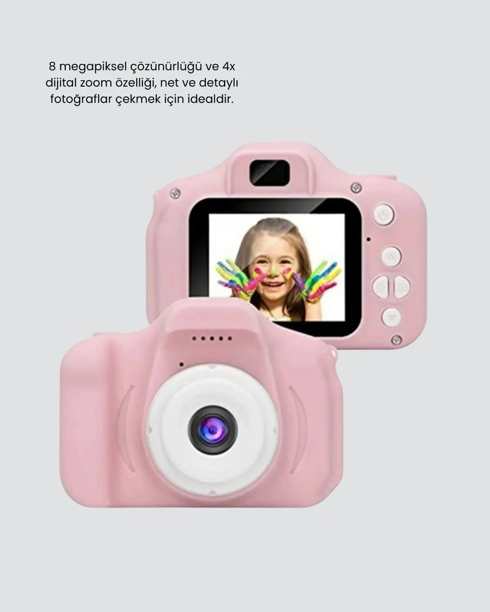 8MP Mini Çocuk Fotoğraf Makinesi Pembe Ses Kaydı Özellikli - HD Kamera