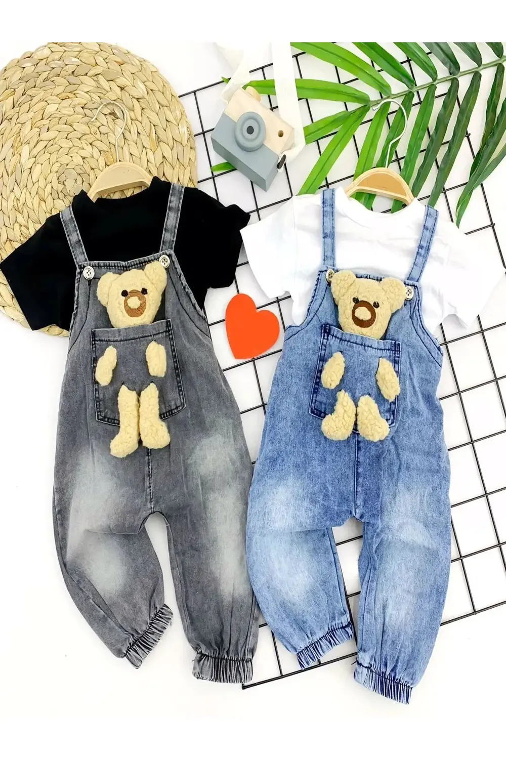 9-12-18-24 Ay Ayıcıklı Cep Kot Kumaş Tişörtlü 2li Kız Erkek Bebek