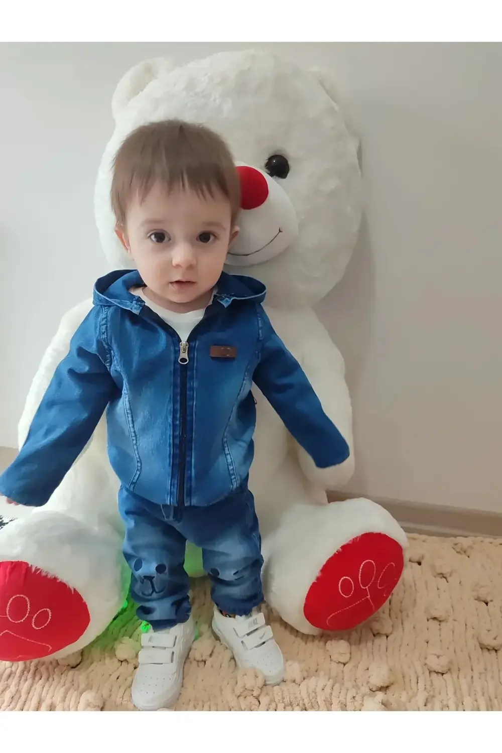 9-12-18-24 Ay Kot Kumaş Kapşonlu Uzun Kol Sweatli Kot Kumaş 3lü E