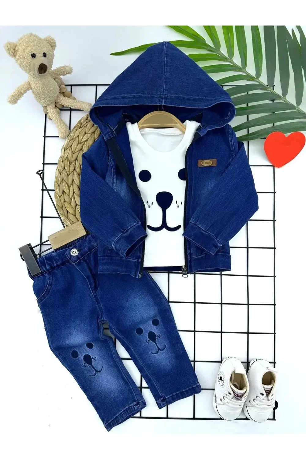 9-12-18-24 Ay Kot Kumaş Kapşonlu Uzun Kol Sweatli Kot Kumaş 3lü E