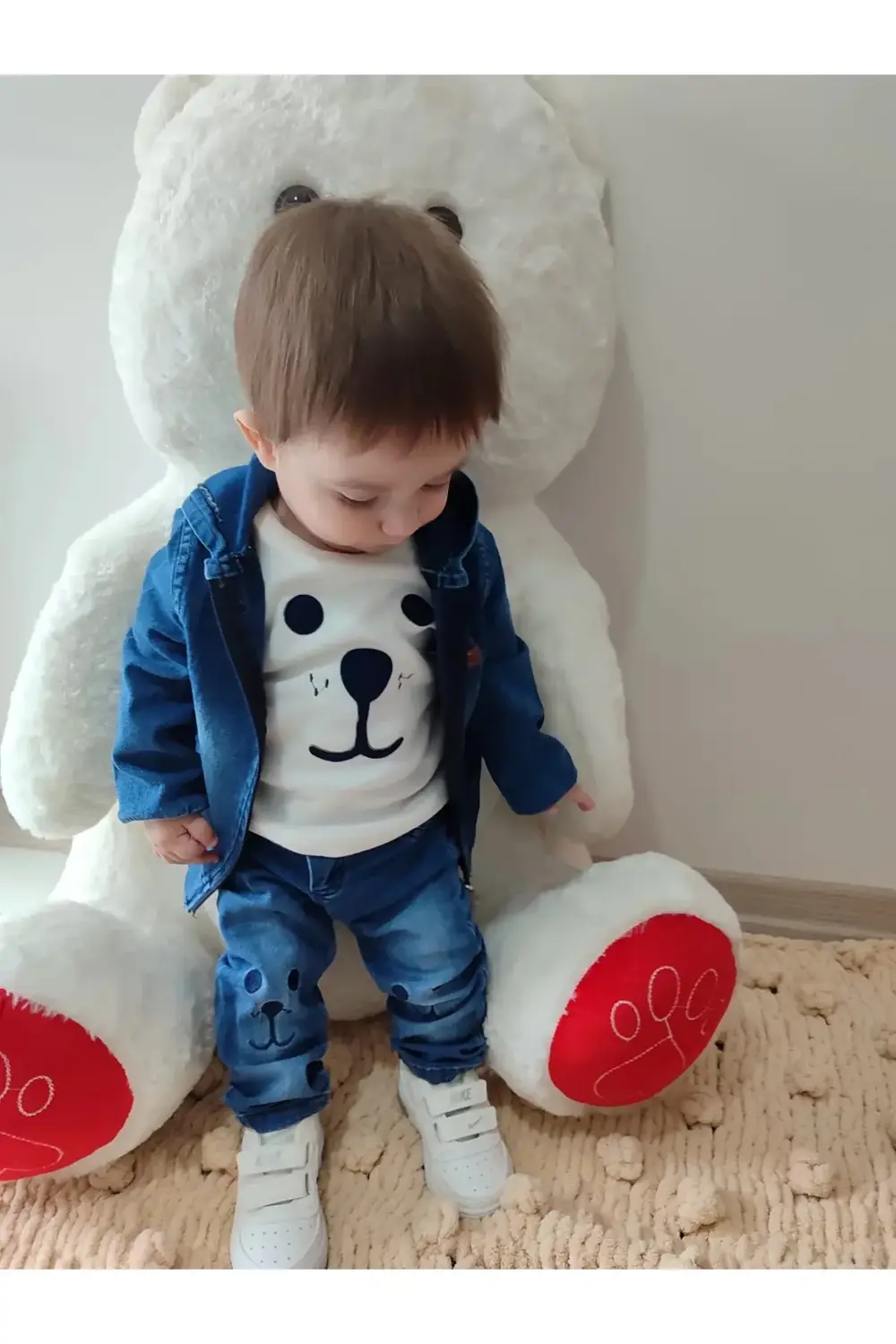 9-12-18-24 Ay Kot Kumaş Kapşonlu Uzun Kol Sweatli Kot Kumaş 3lü E