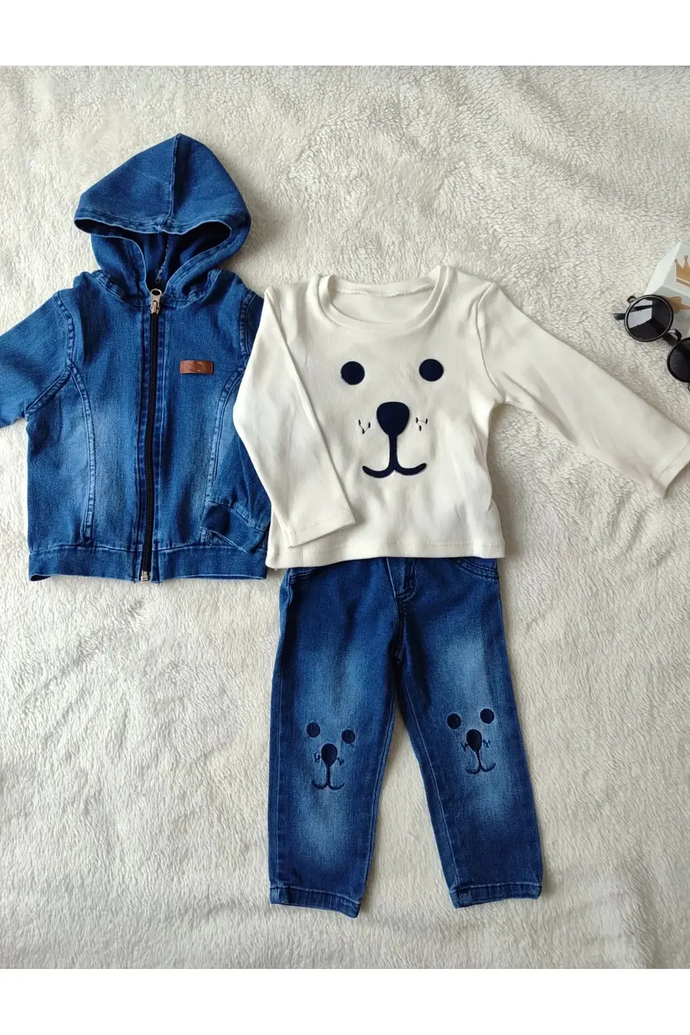 9-12-18-24 Ay Kot Kumaş Kapşonlu Uzun Kol Sweatli Kot Kumaş 3lü E