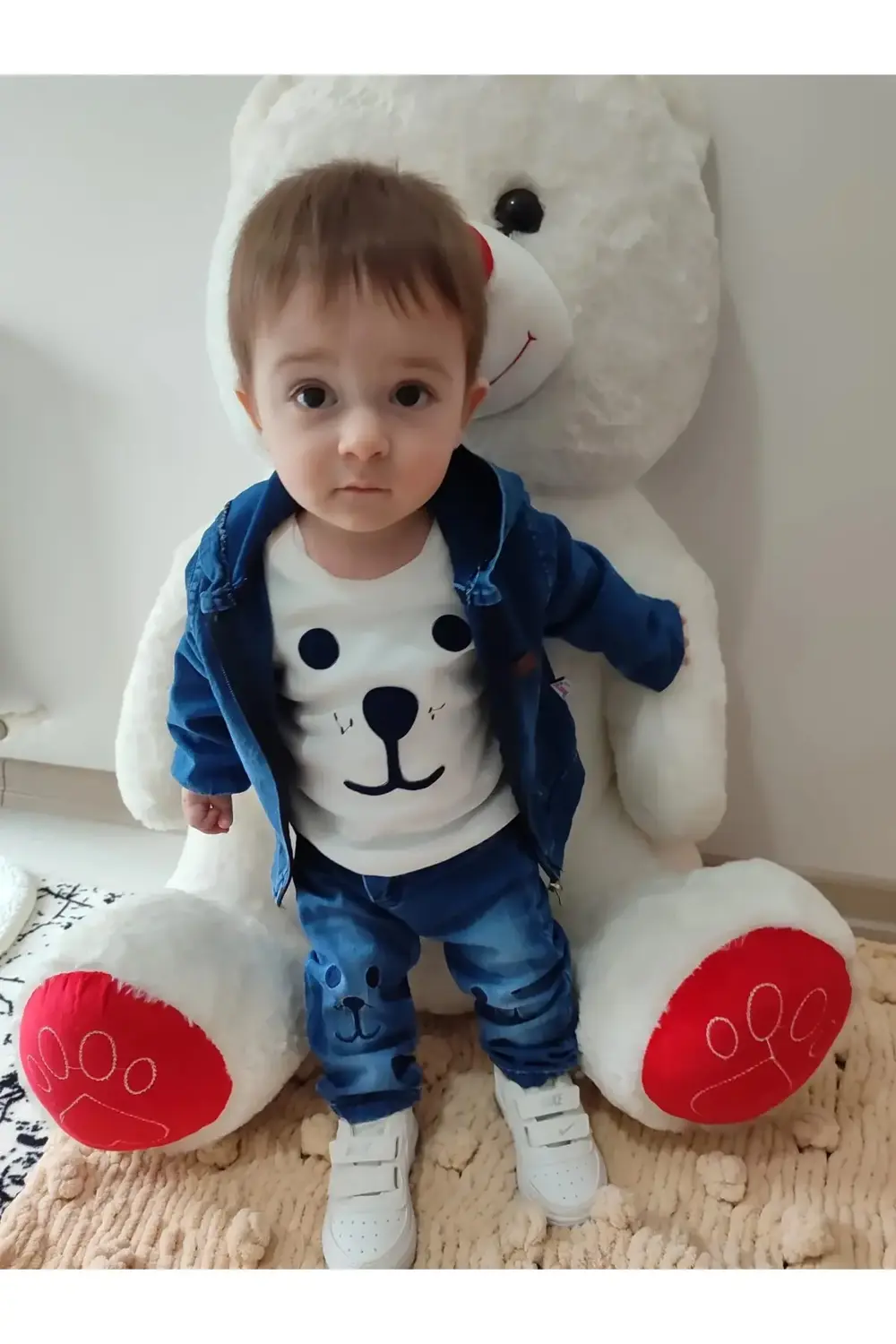 9-12-18-24 Ay Kot Kumaş Kapşonlu Uzun Kol Sweatli Kot Kumaş 3lü E