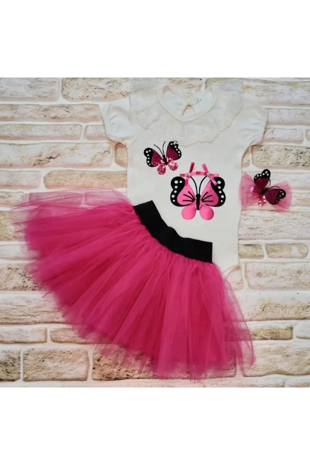 9-12-18 Ay Payetli Kelebek Nakışlı Taçlı Kısa Kollu Tütü Etek 3lü