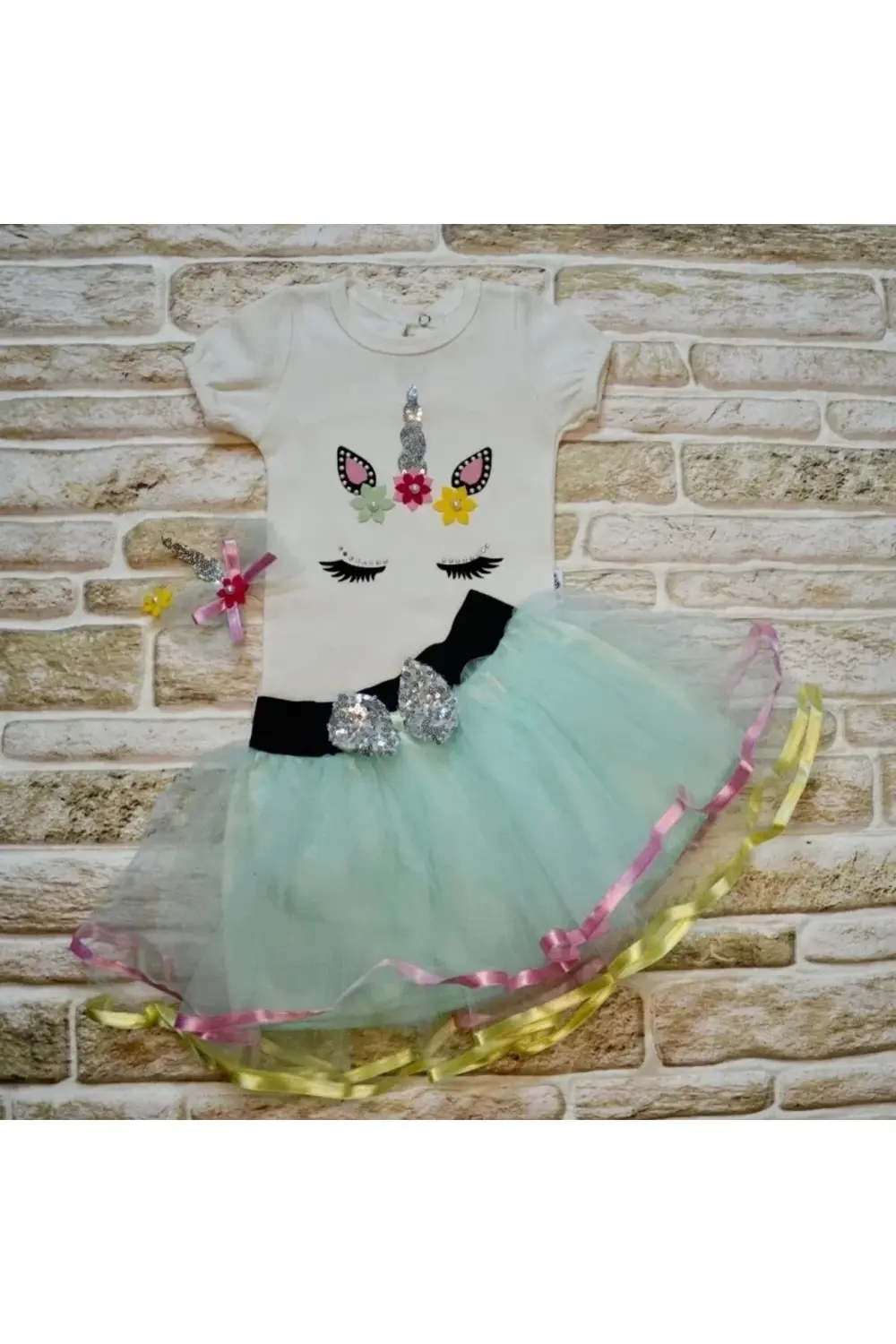 9-12-18 Ay Payetli Pony Nakışlı Tokalı Kısa Kollu Tütü Etek 3lü K