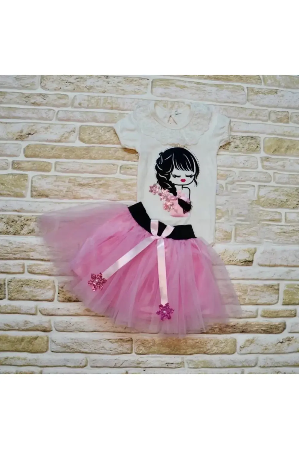 9-12-18 Ay Saçı Örgülü Kız Nakışlı Kurdelalı Kısa Kollu Tütü Etek