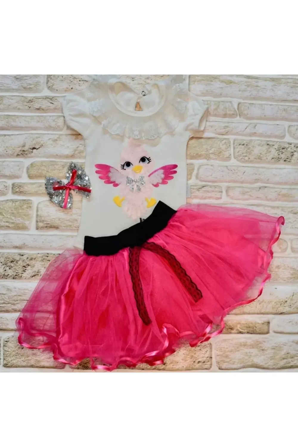 9-12-18 Ay Toka Hediyeli Kuş Desenli Tişört Tütü Etek 2li Kız Beb