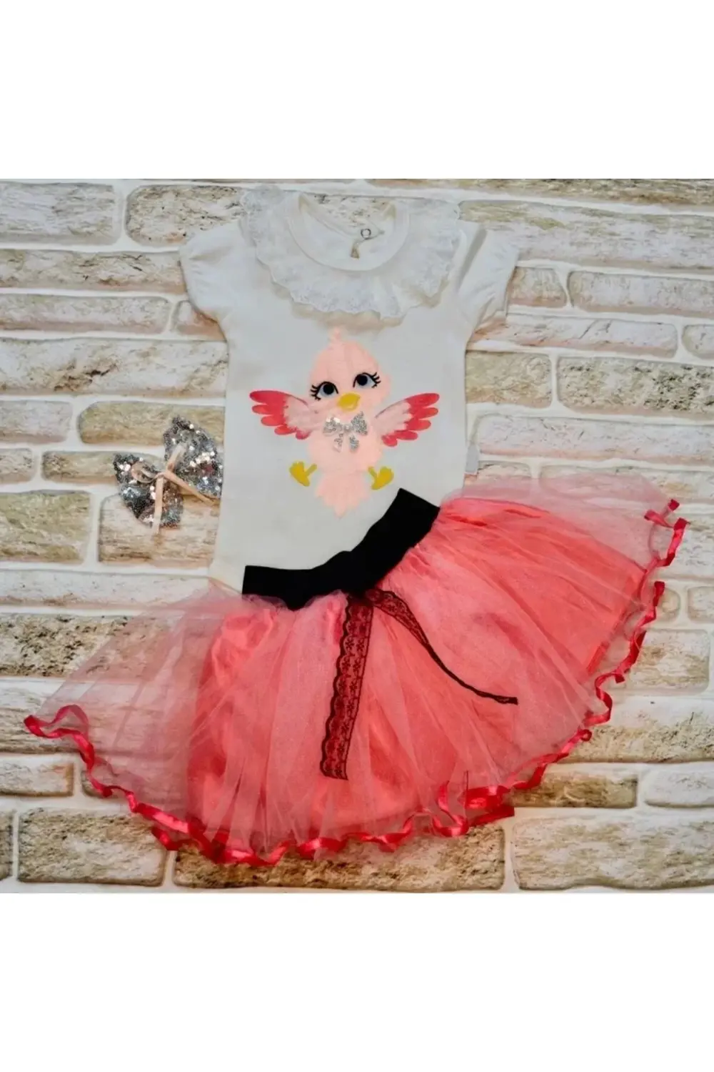 9-12-18 Ay Toka Hediyeli Kuş Desenli Tişört Tütü Etek 2li Kız Beb