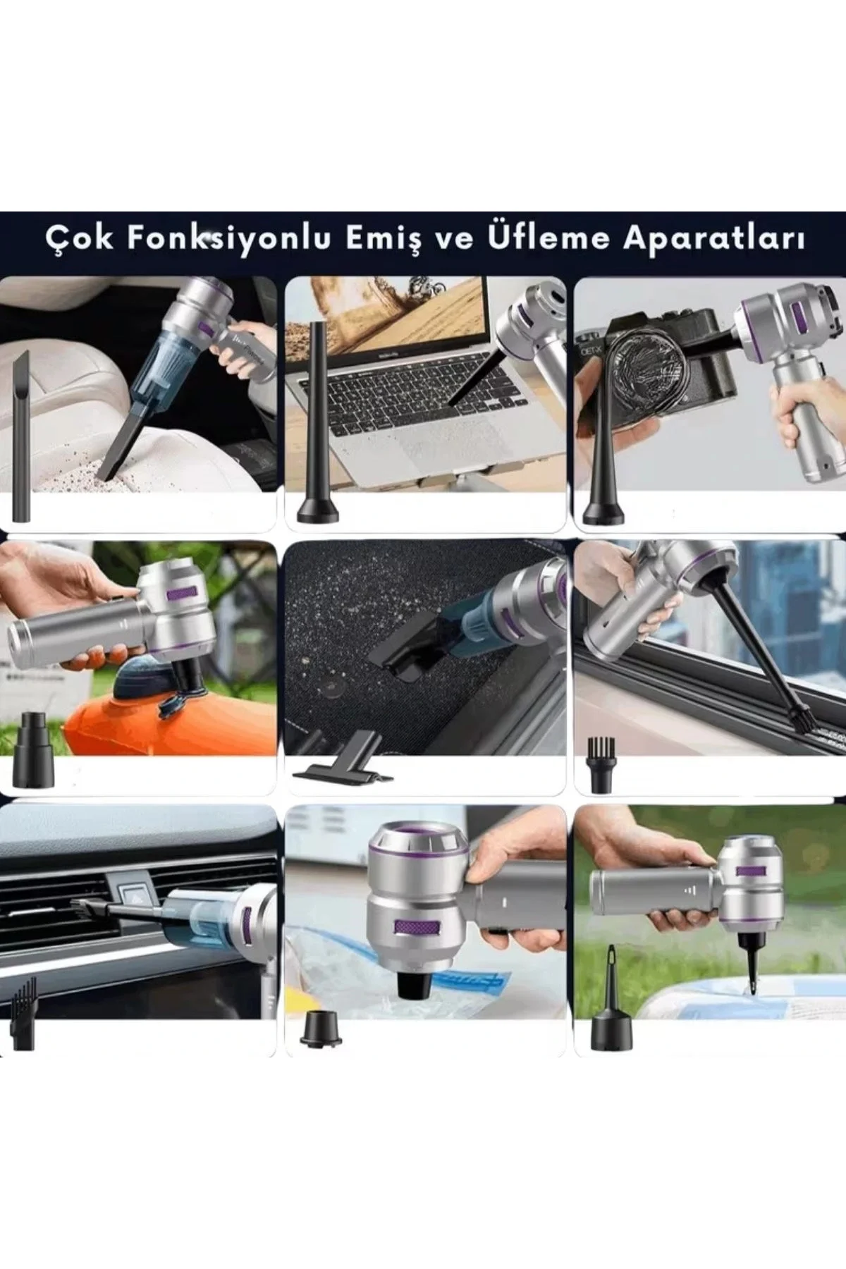 9 Farklı Uçlu Kablosuz Şarjlı Araç İçi Süpürge – Wireless Destekl