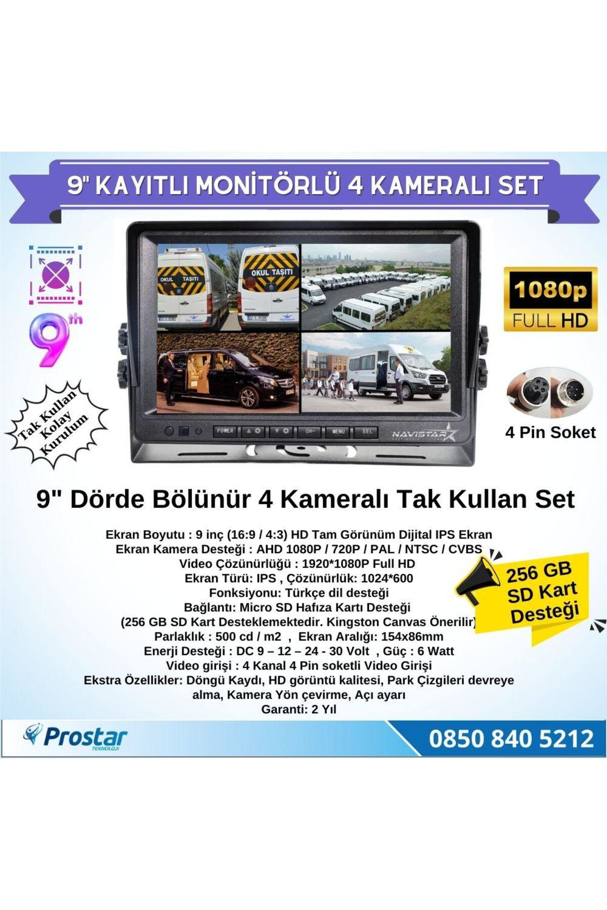 9 Inç Dörde Bölünür Kayıtlı 256Gb Sd Destekli 4 Kameralı 720P Ahd