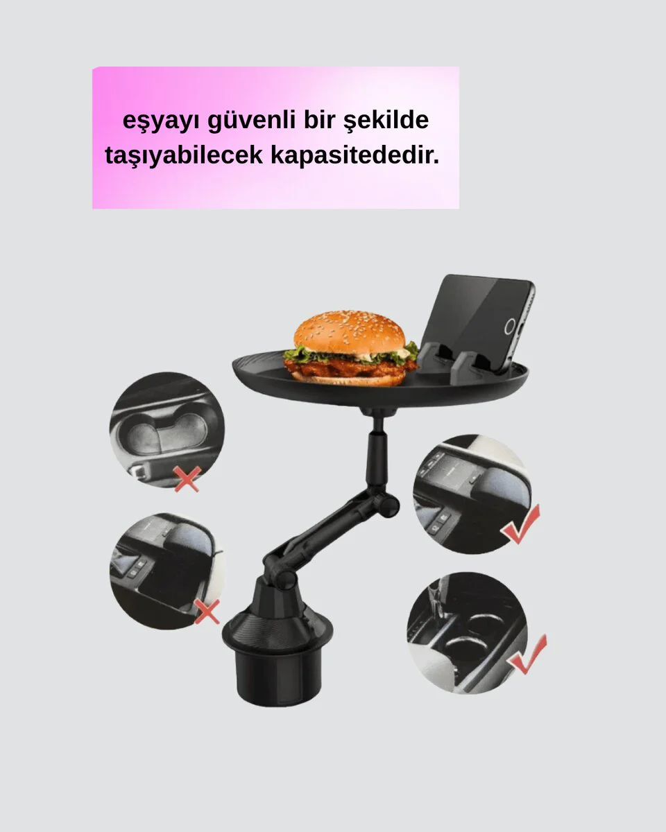 9 İnç Geniş Alanlı Ayarlanabilir Araç İçi Bardaklık Tepsisi ve Telefon Standı
