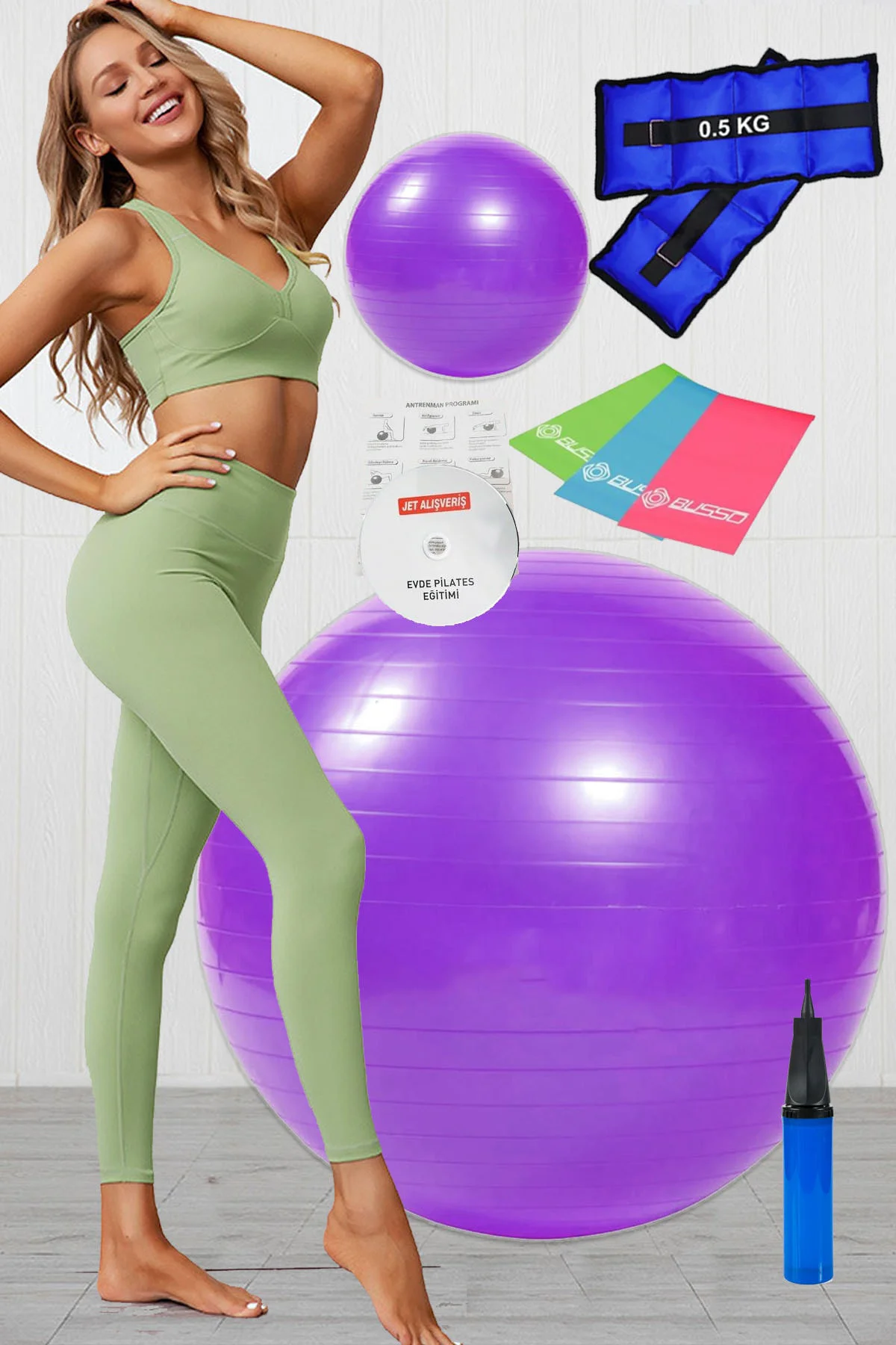 9 Lu Pilates Seti Plates Takımı Pilates Topu El Ayak Ağırlığı 0.5