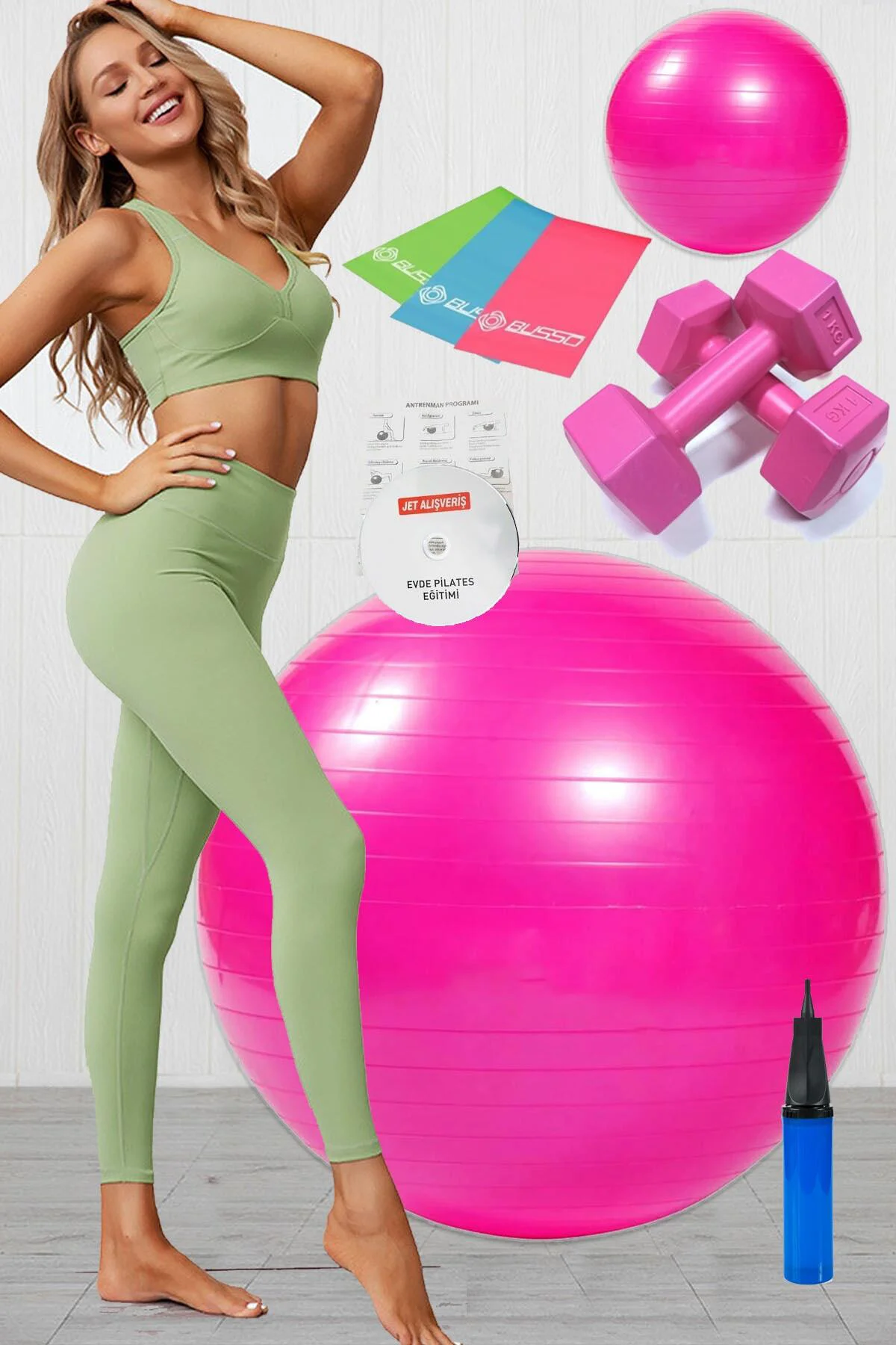 9 Lu Pilates Seti Plates Takımı Pilates Topu 1 Kg Dambıl Pompa 3 