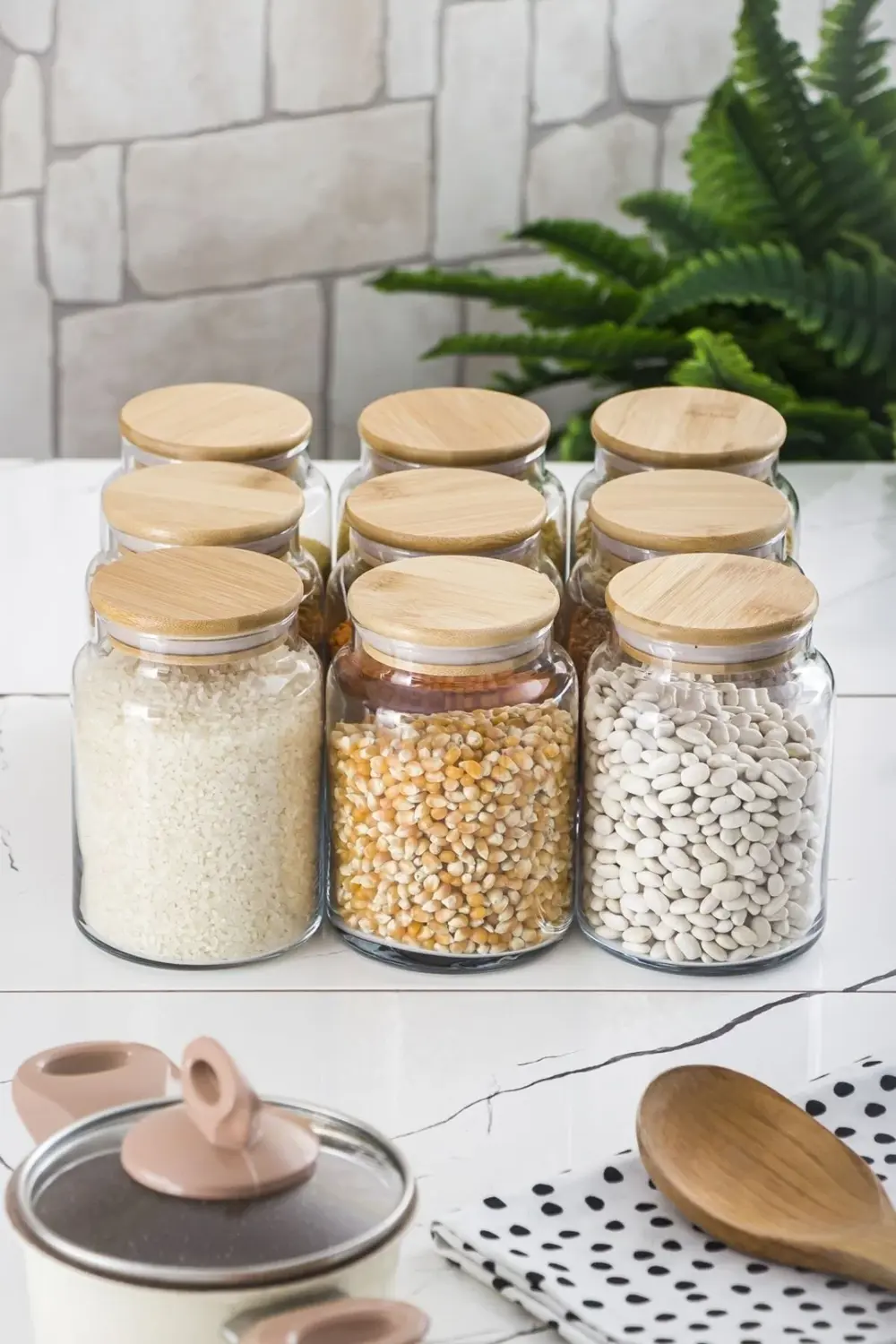 9 Lu Set Bambu Kapaklı Cam Kavanoz & Erzak Saklama Kabı 800 Ml Or