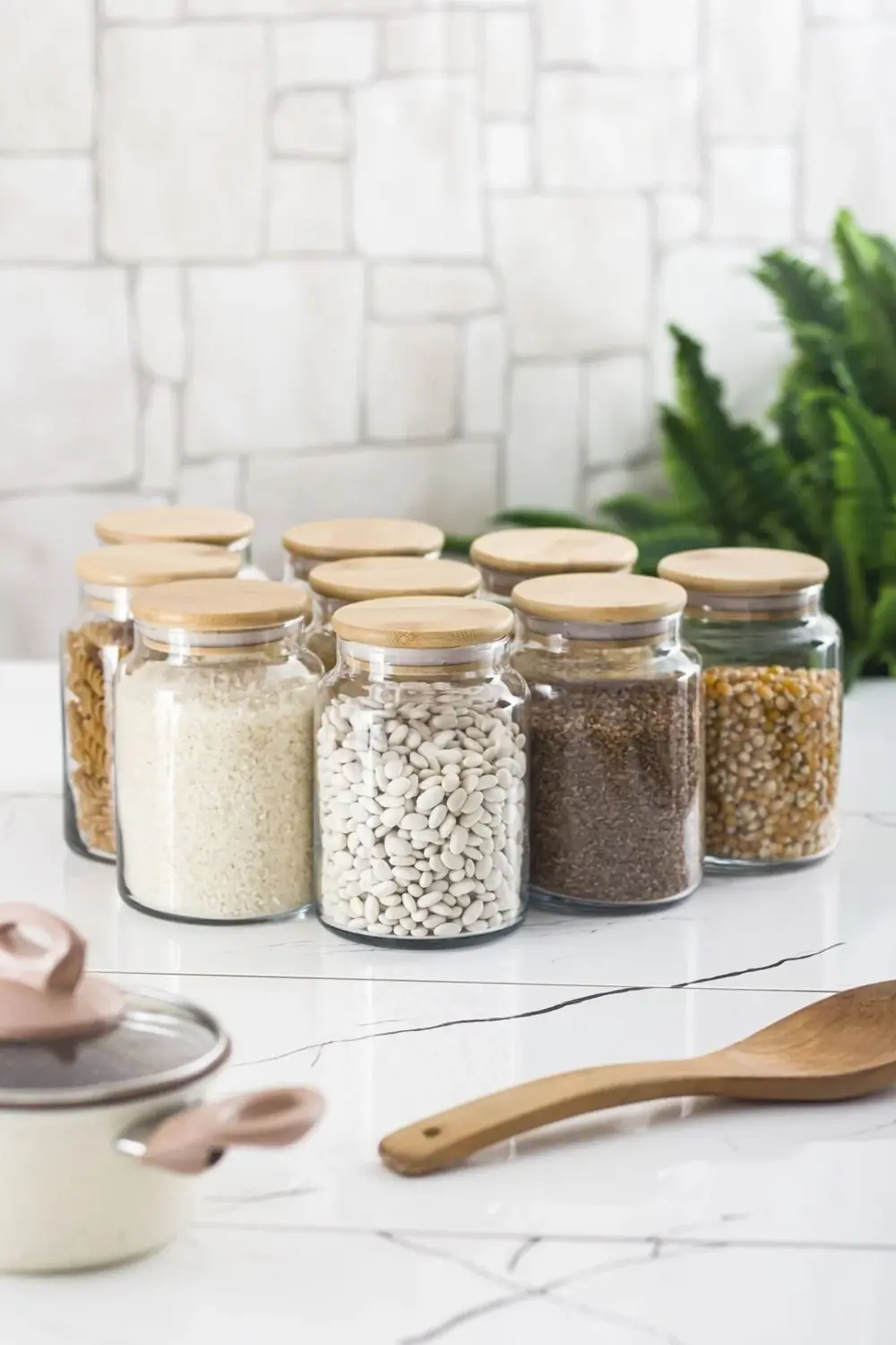 9 Lu Set Bambu Kapaklı Cam Kavanoz & Erzak Saklama Kabı 800 Ml Or