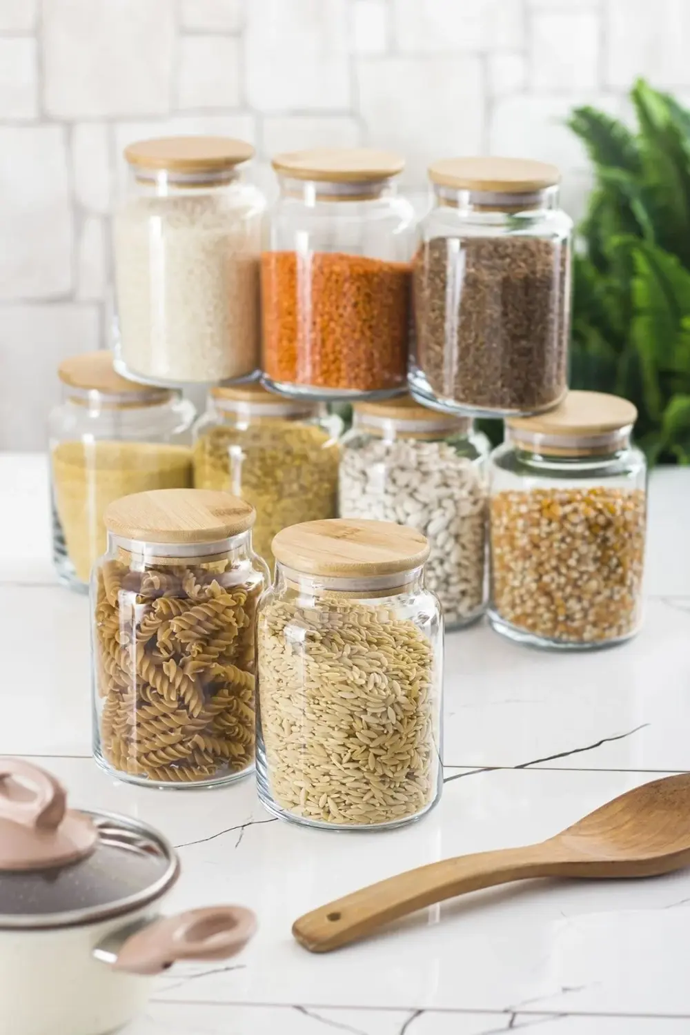 9 Lu Set Bambu Kapaklı Cam Kavanoz & Erzak Saklama Kabı 800 Ml Or
