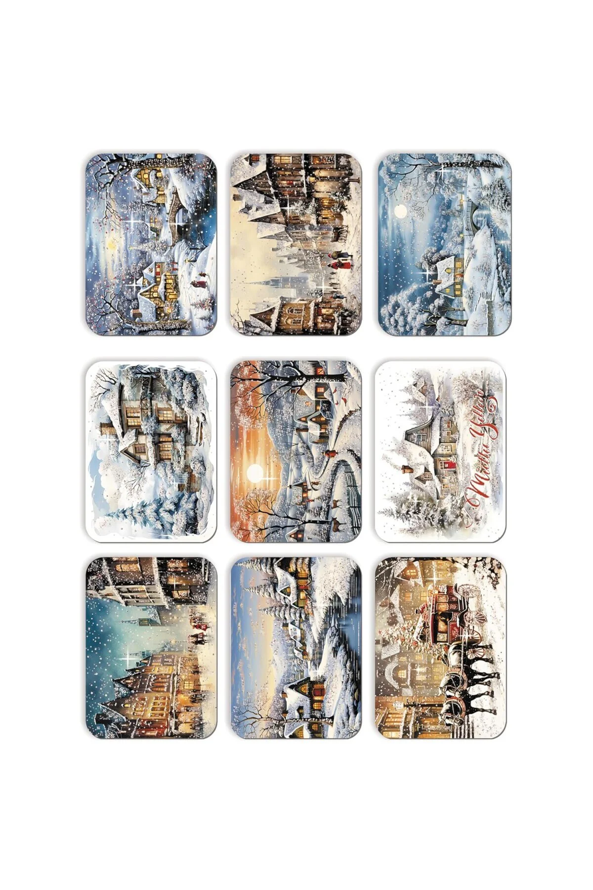 9 lu Simli Yılbaşı Kartpostal Seti Yeniyıl Yılbaşı Kış Manzaralar
