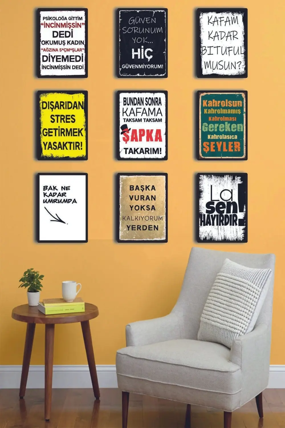 9 Parça Karışık Yazılı Ahşap Tablo Seti