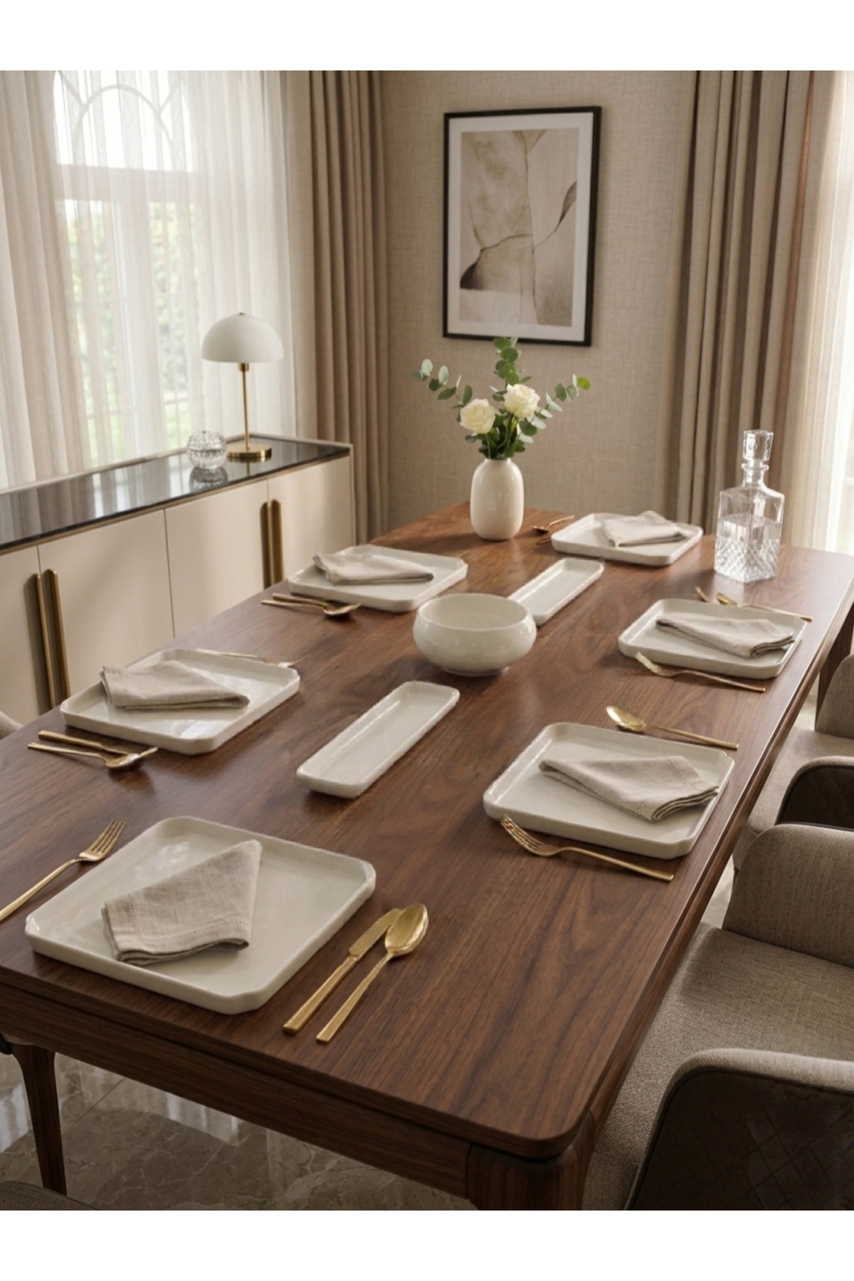 9 Parça Porselen Kahvaltı Ve Sunum Seti - Minimalist Dikdörtgen S