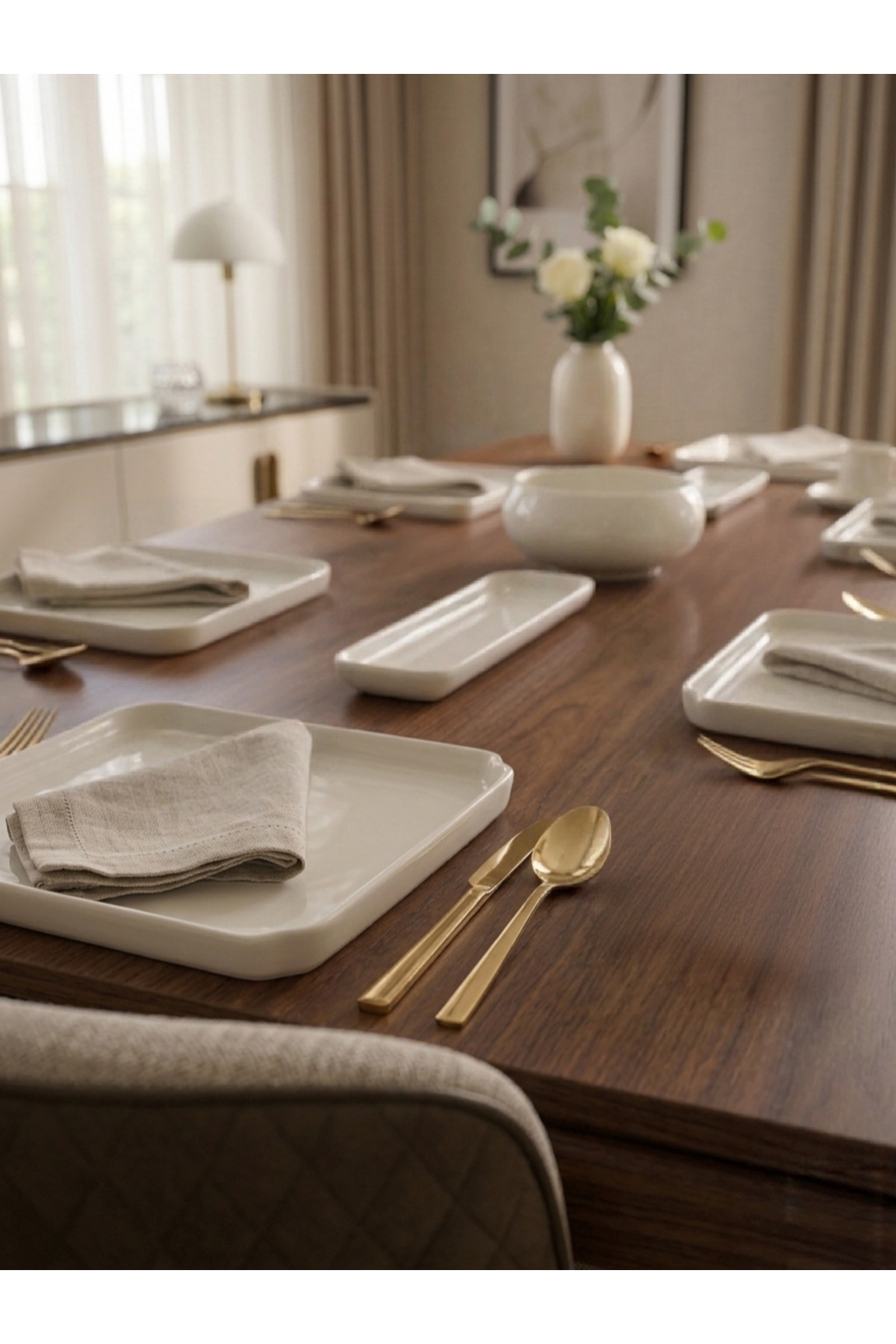 9 Parça Porselen Kahvaltı Ve Sunum Seti - Minimalist Dikdörtgen S