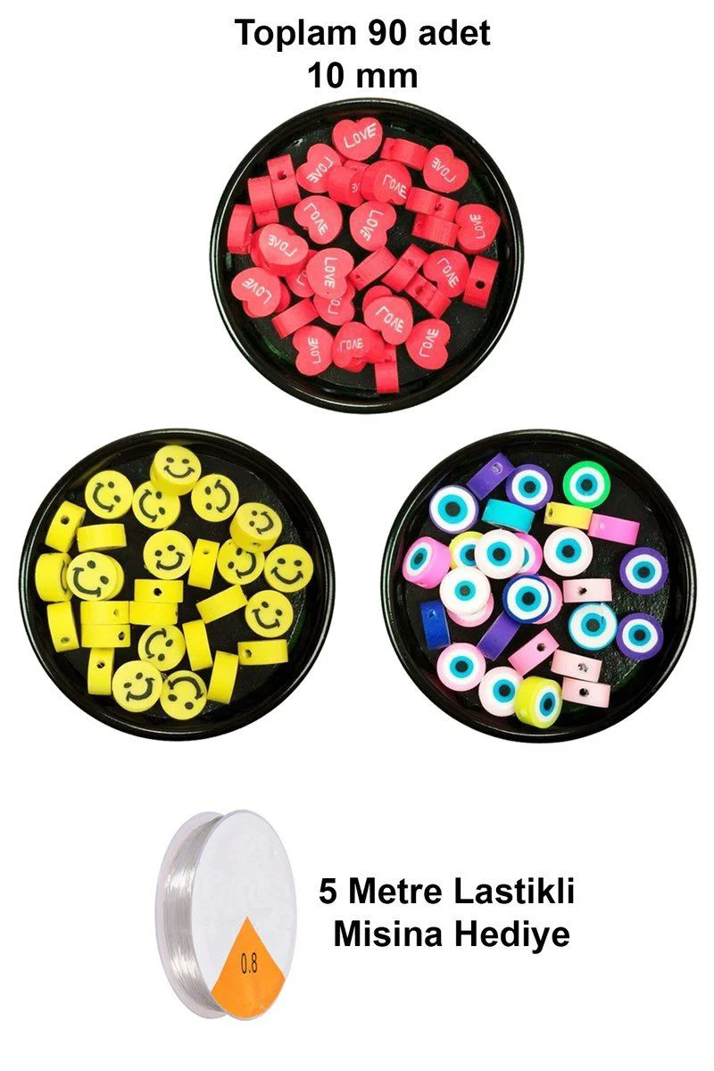 90 Adet 10 mm Fimo Boncuk Seti - Takı Yapımı İçin Smile, Nazar, Love Desenli Polimer Kil Boncuk + 5 Metre Misina Hediyeli