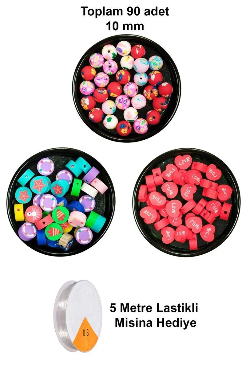 90 Adet 10 mm Fimo Boncuk - Deniz Mavisi Kalp ve Yuvarlak Şekil + 5 Metre Misina Hediyeli Takı Yapım Seti Fiyatı, Yorumları ve Özellikleri