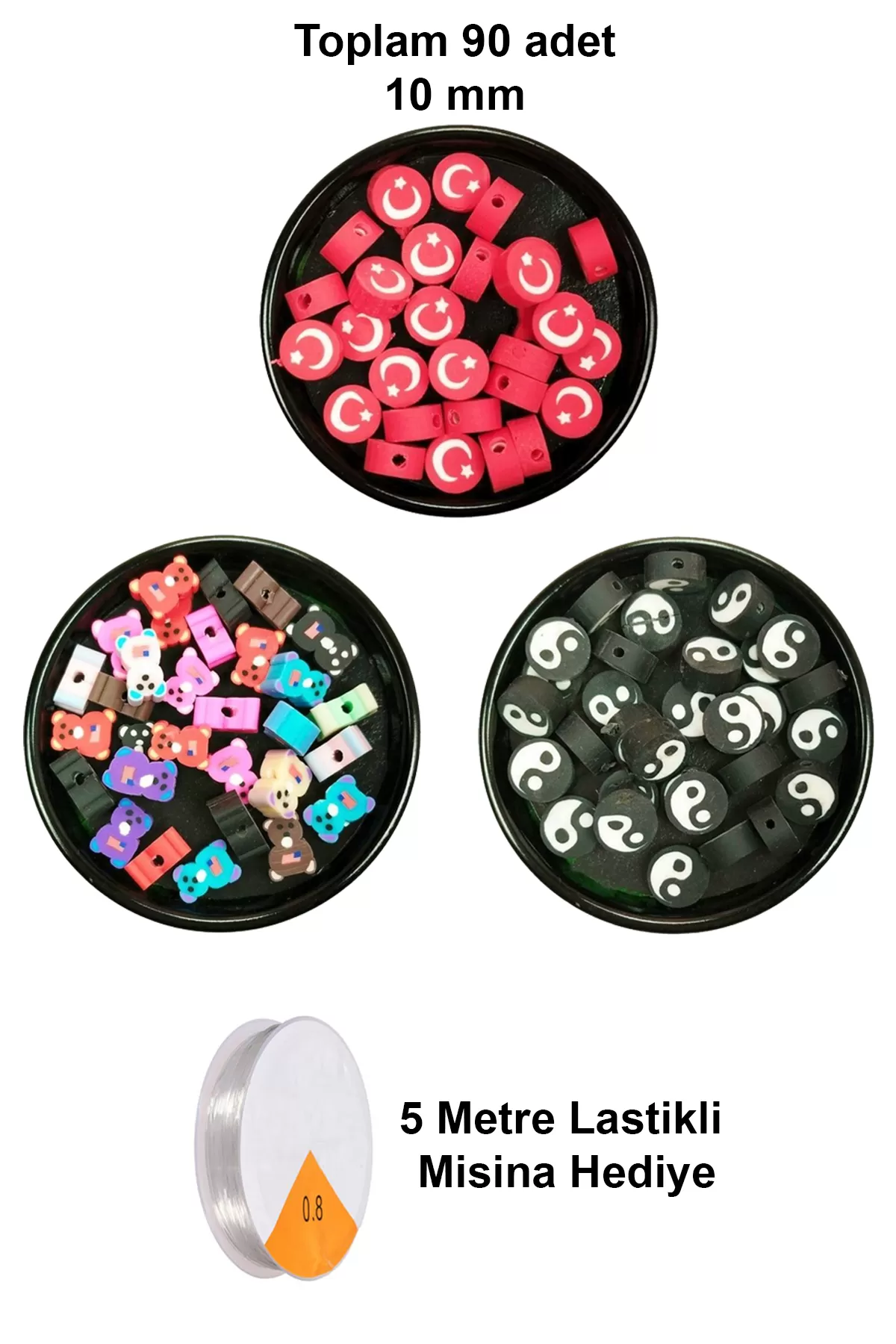90 Adet 10 mm Polimer Kil Fimo Boncuk Takı Bileklik + 5 Metre Mis