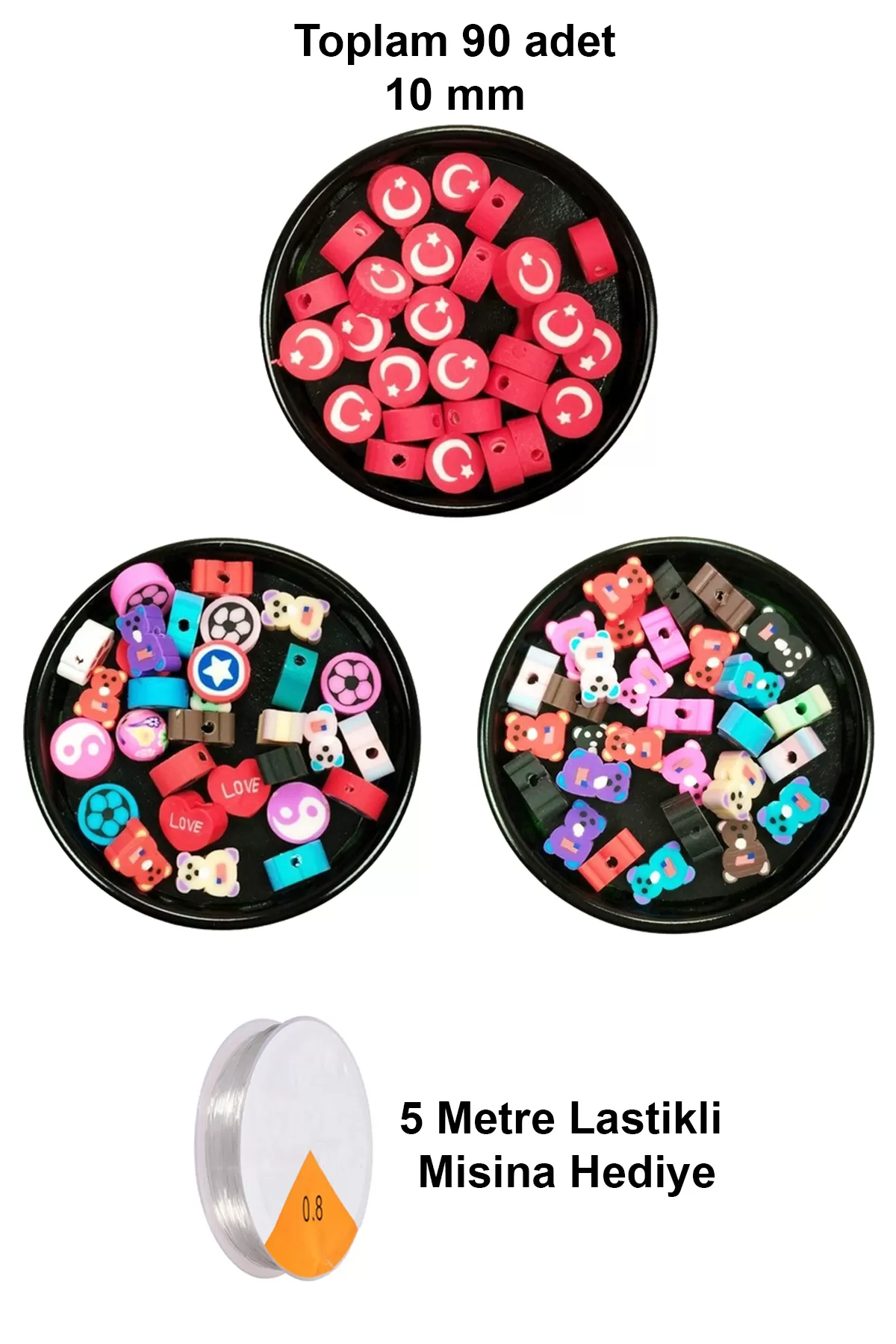 90 Adet 10 mm Polimer Kil Fimo Boncuk Takı Bileklik + 5 Metre Mis
