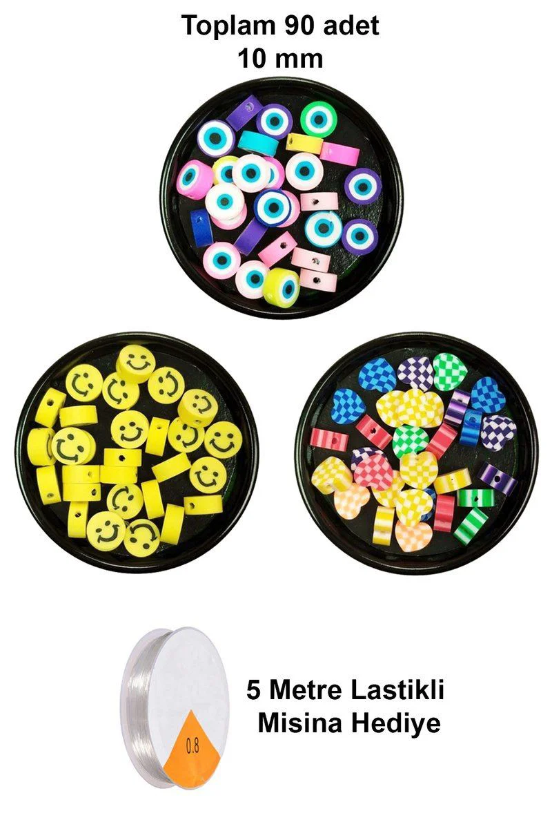 90 Adet 10 mm Polimer Kil Fimo Boncuk Takı Seti - Smile Kalp Nazar Desenli + 5 Metre Misina Hediye Fiyatı, Yorumları ve Özellikleri