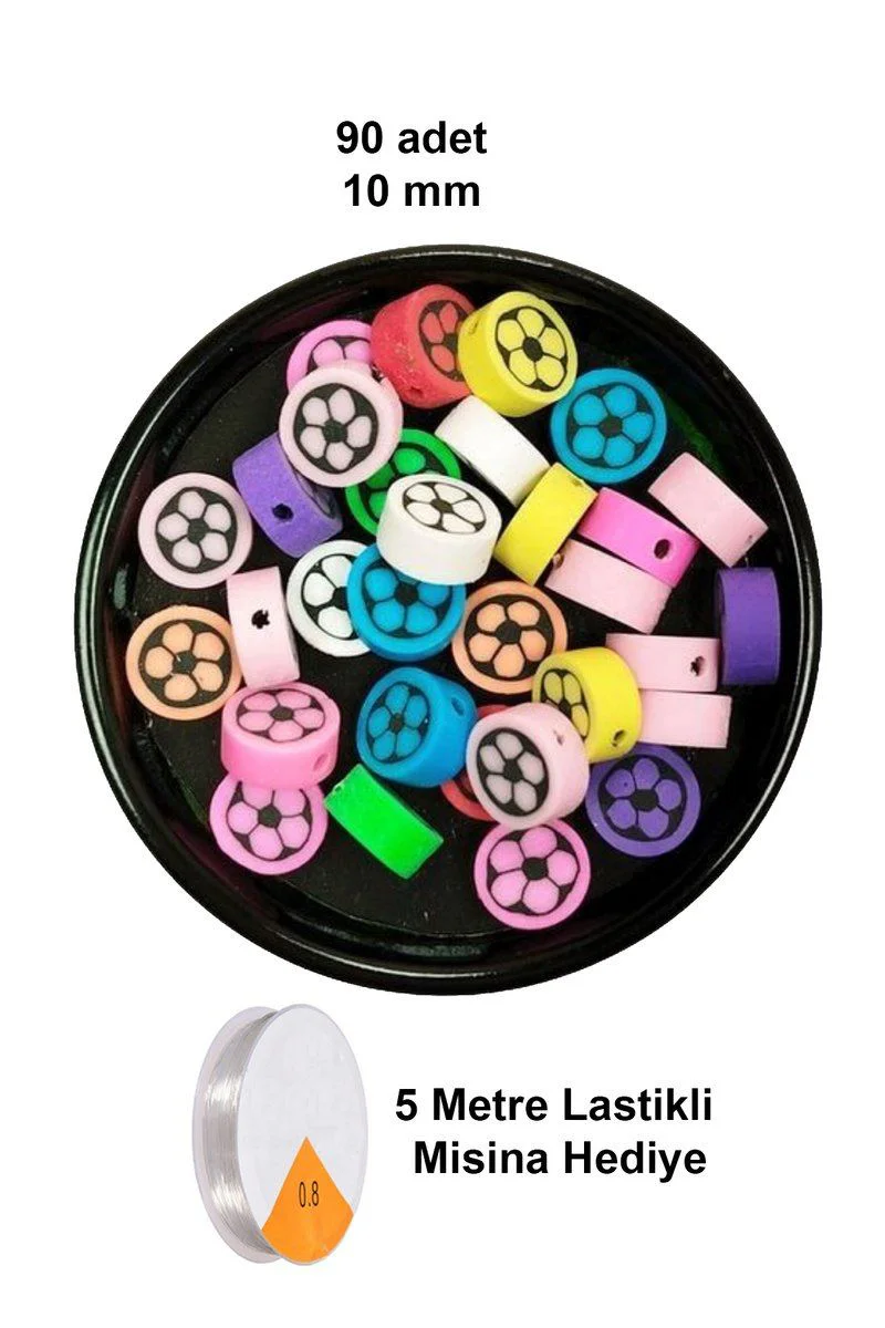 90 Adet 10 mm Polimer Kil Fimo Boncuk Takı Bileklik Malzemesi - Renkli Çiçek Desenli Lastikli Misina Hediye Fiyatı, Yorumları ve Özellikleri