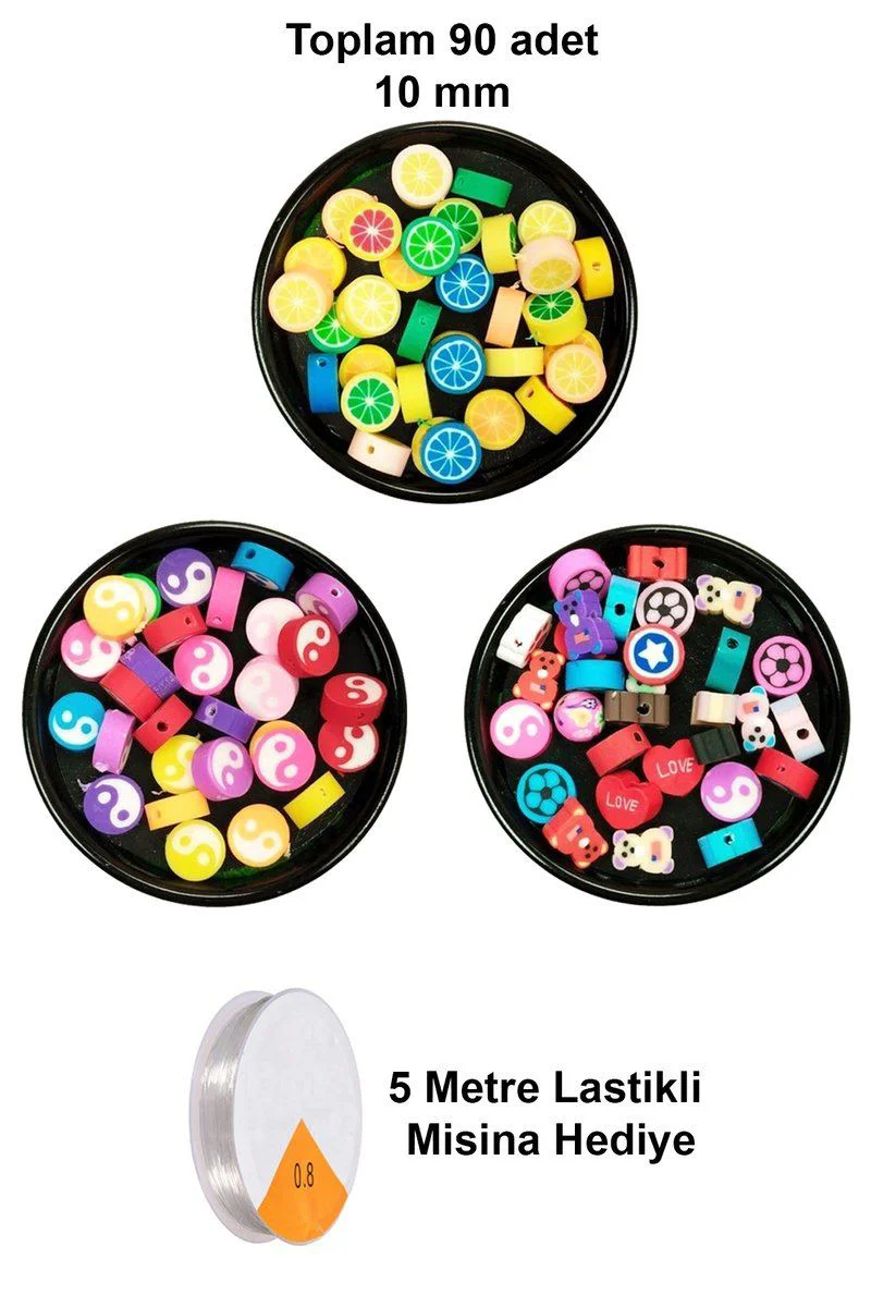 90 Adet 10mm Fimo Boncuk Seti - Polimer Kil Bileklik Yapım Malzemesi + 5m Misina Hediye Fiyatı, Yorumları ve Özellikleri