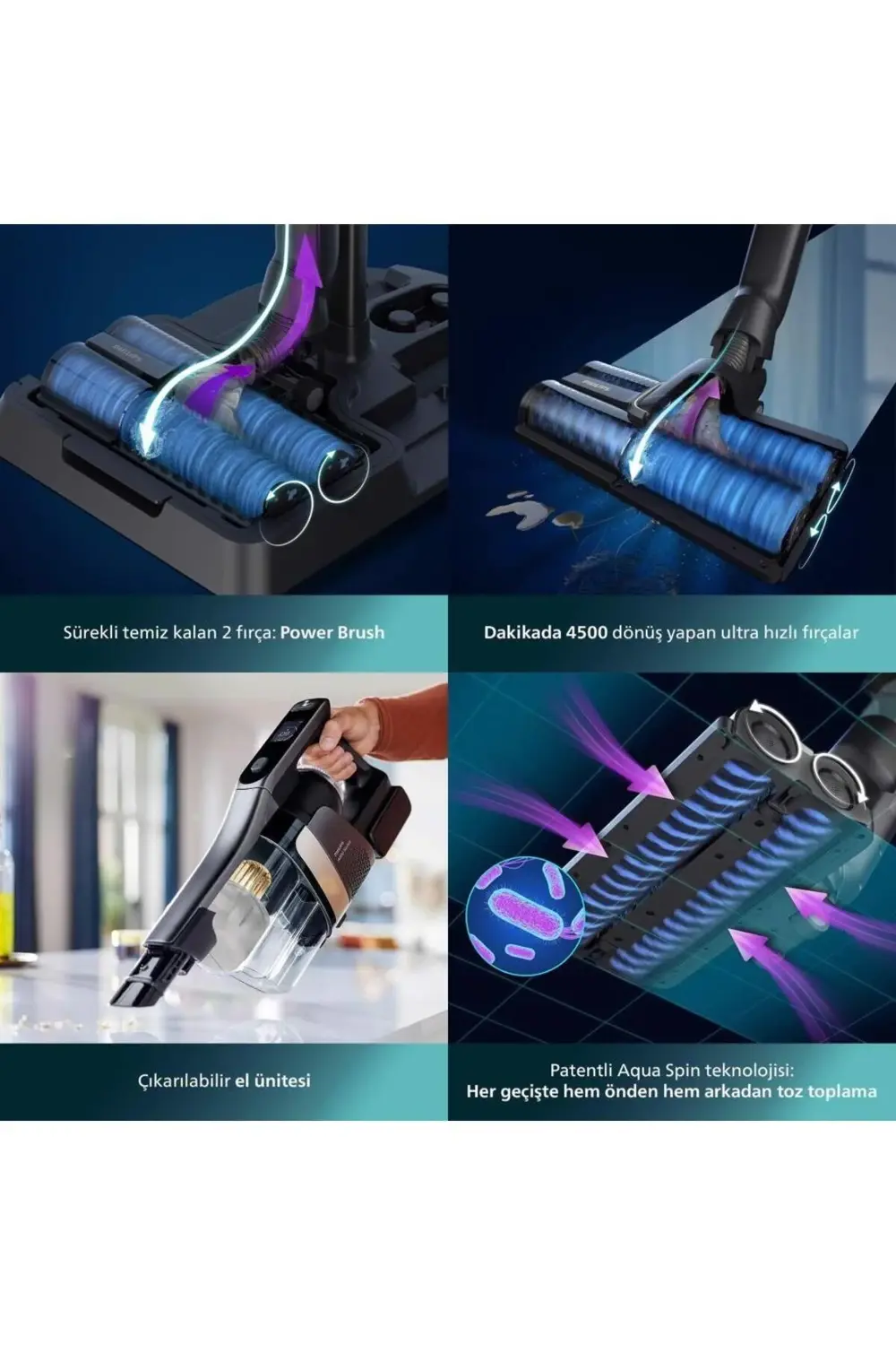 9000 Serisi AquaTrio Kablosuz Dikey Süpürge, AquaSpin Başlık, Pow