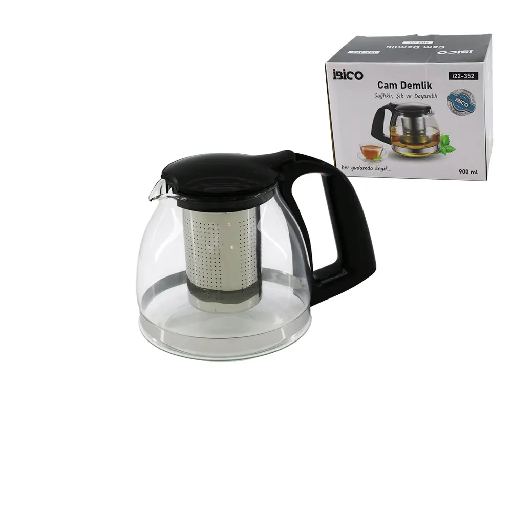 900ML CAM DEMLİK ÇELİK SÜZGEÇLİ - PLASTİK KULP - KAPAK - KROM ÇER