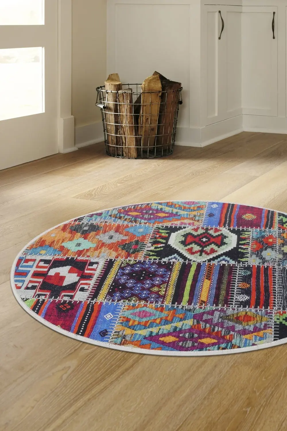 9010 Patchwork Temalı Saçaksız Dijital Yuvarlak Halı Yıkanabilir