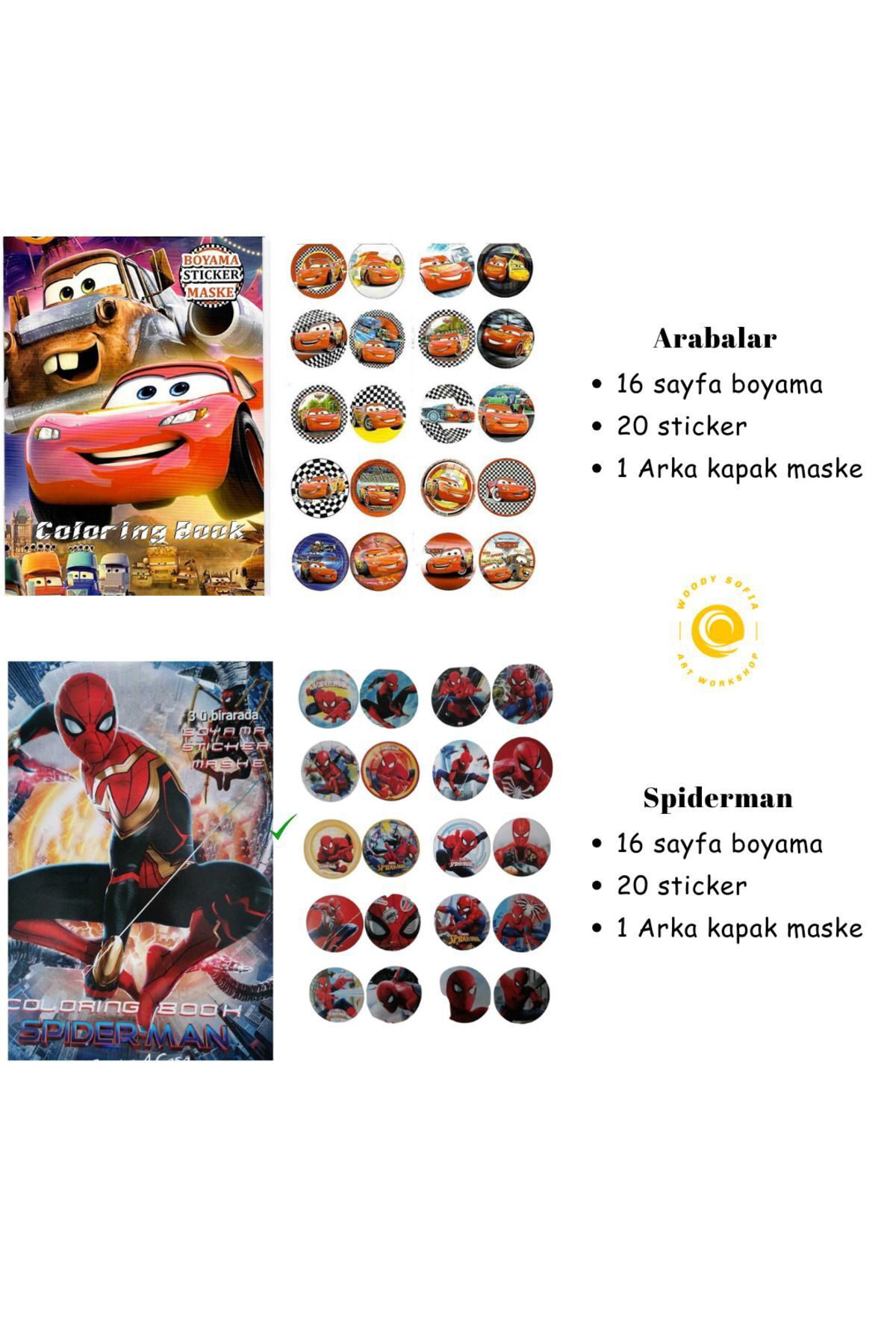 Woody Sofia Arabalar Ve Spidermen Boyama Kitabı Seti (Boyama, Sticker, Arka K
