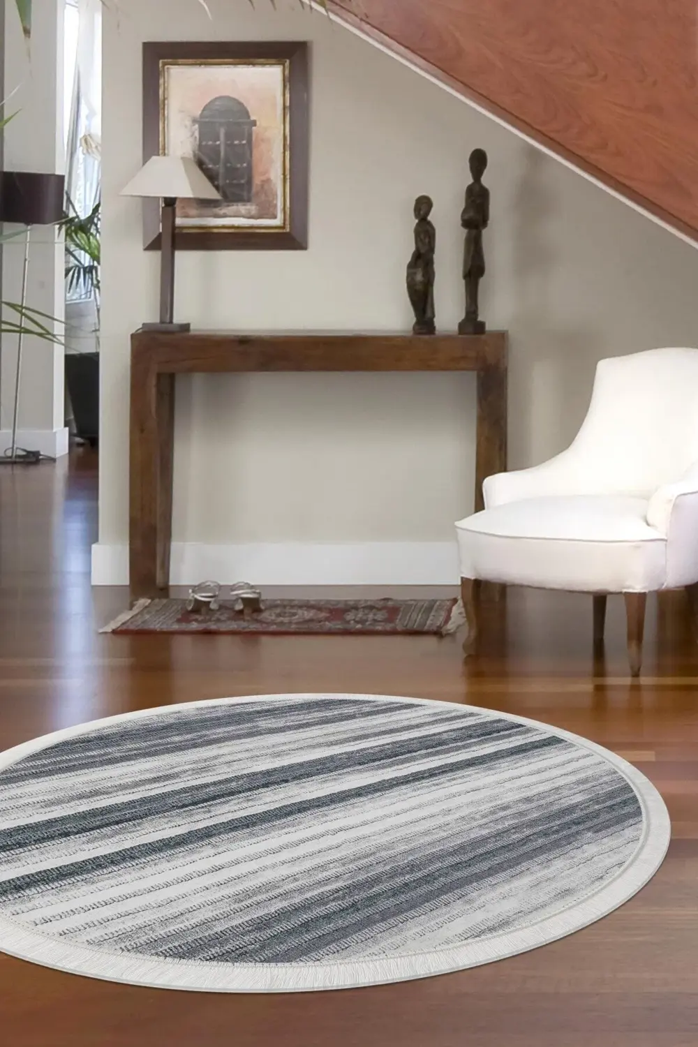 9026 Gri Saçaklı Dijital Yuvarlak Halı Kaymaz Yıkanabilir 120X120