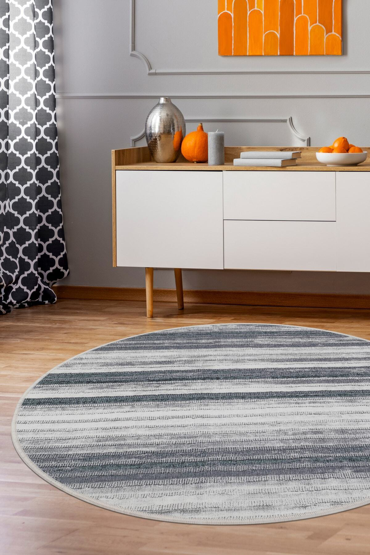 9026 Gri Saçaksız Dijital Yuvarlak Halı Kaymaz Yıkanabilir 100X100